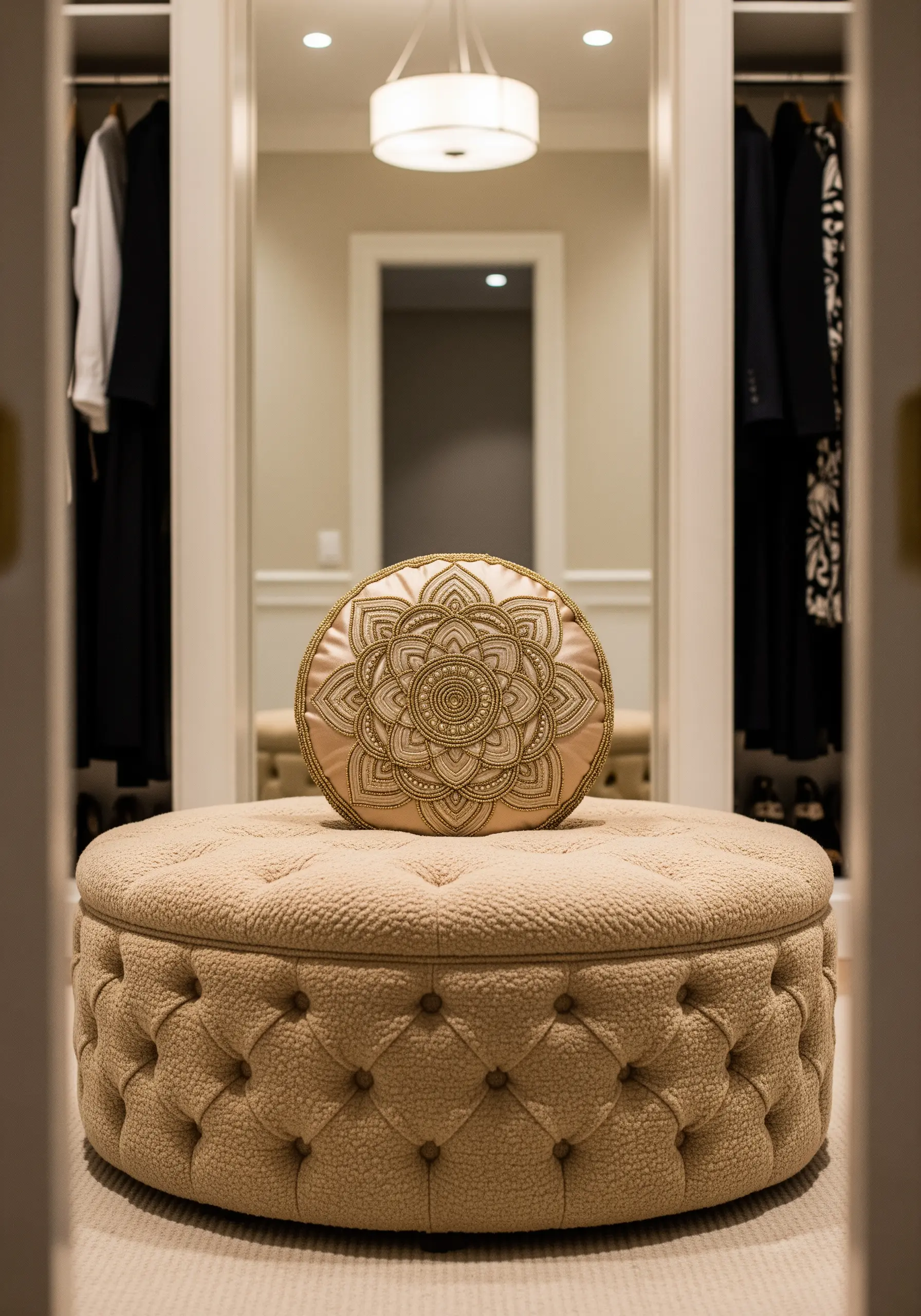 Intricate gold thread mandala on a round, satin pink-beige cushion.