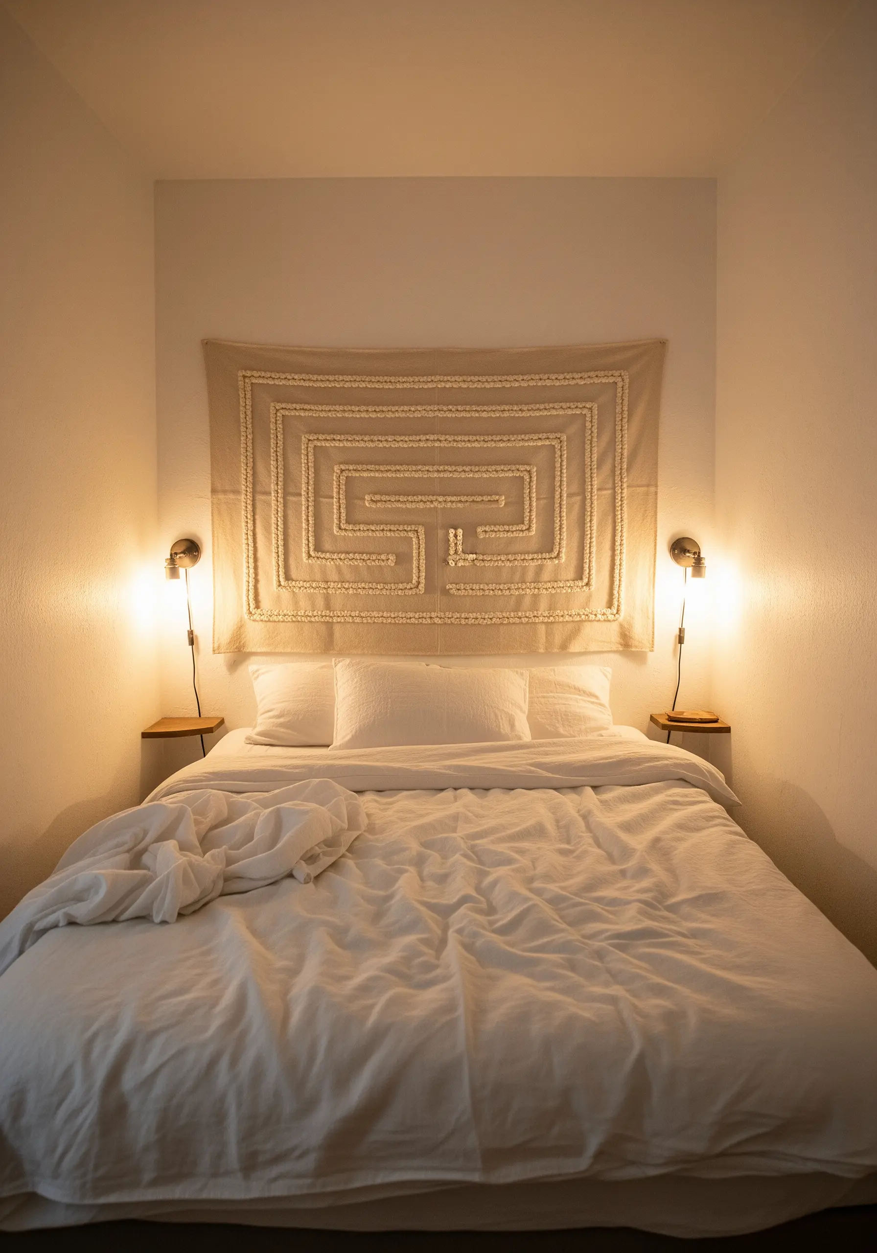 A large, embroidered wall hanging with a geometric maze pattern serving as a headboard above a bed.