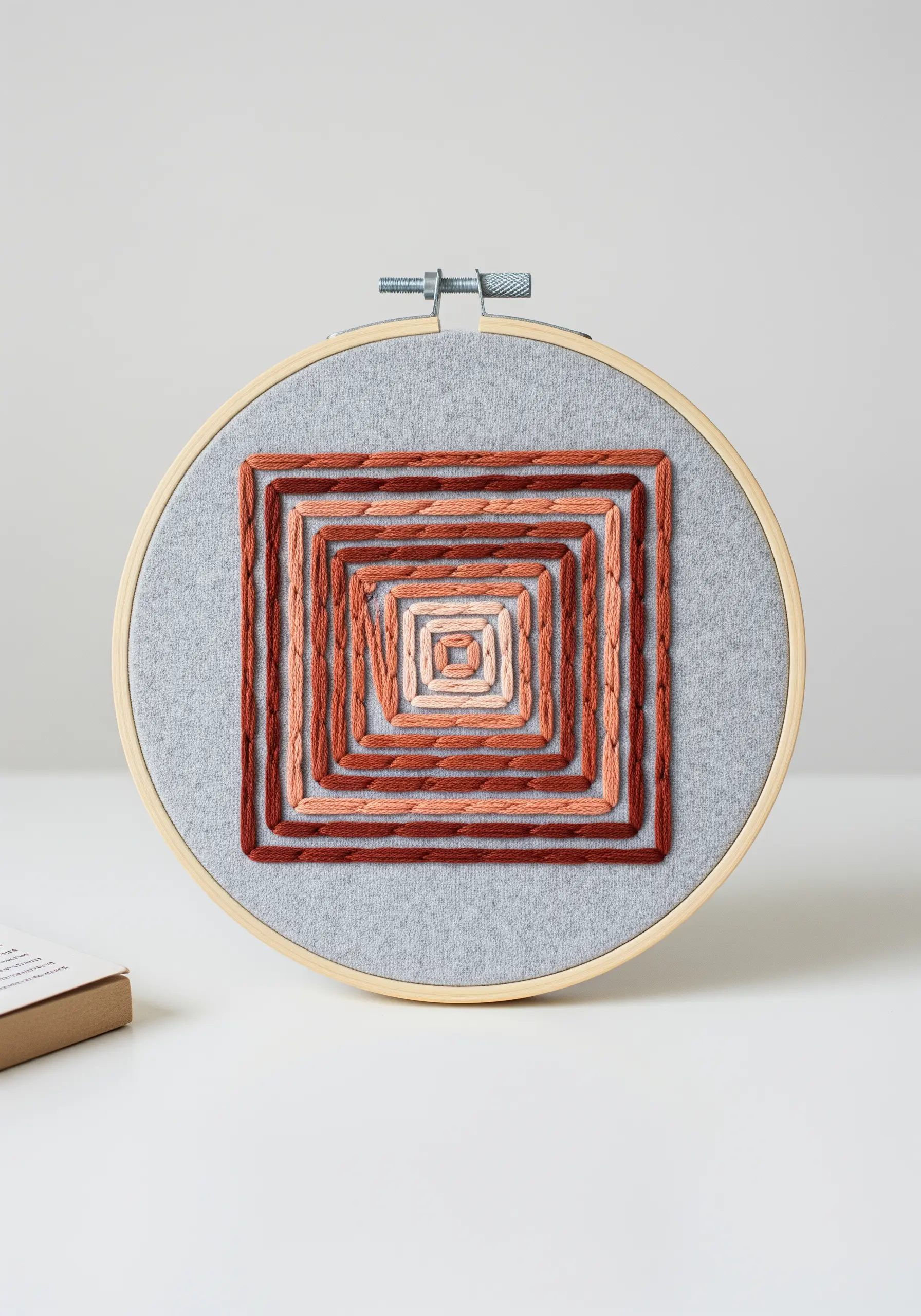 Gradient concentric squares in shades of terracotta using a textured rope stitch.