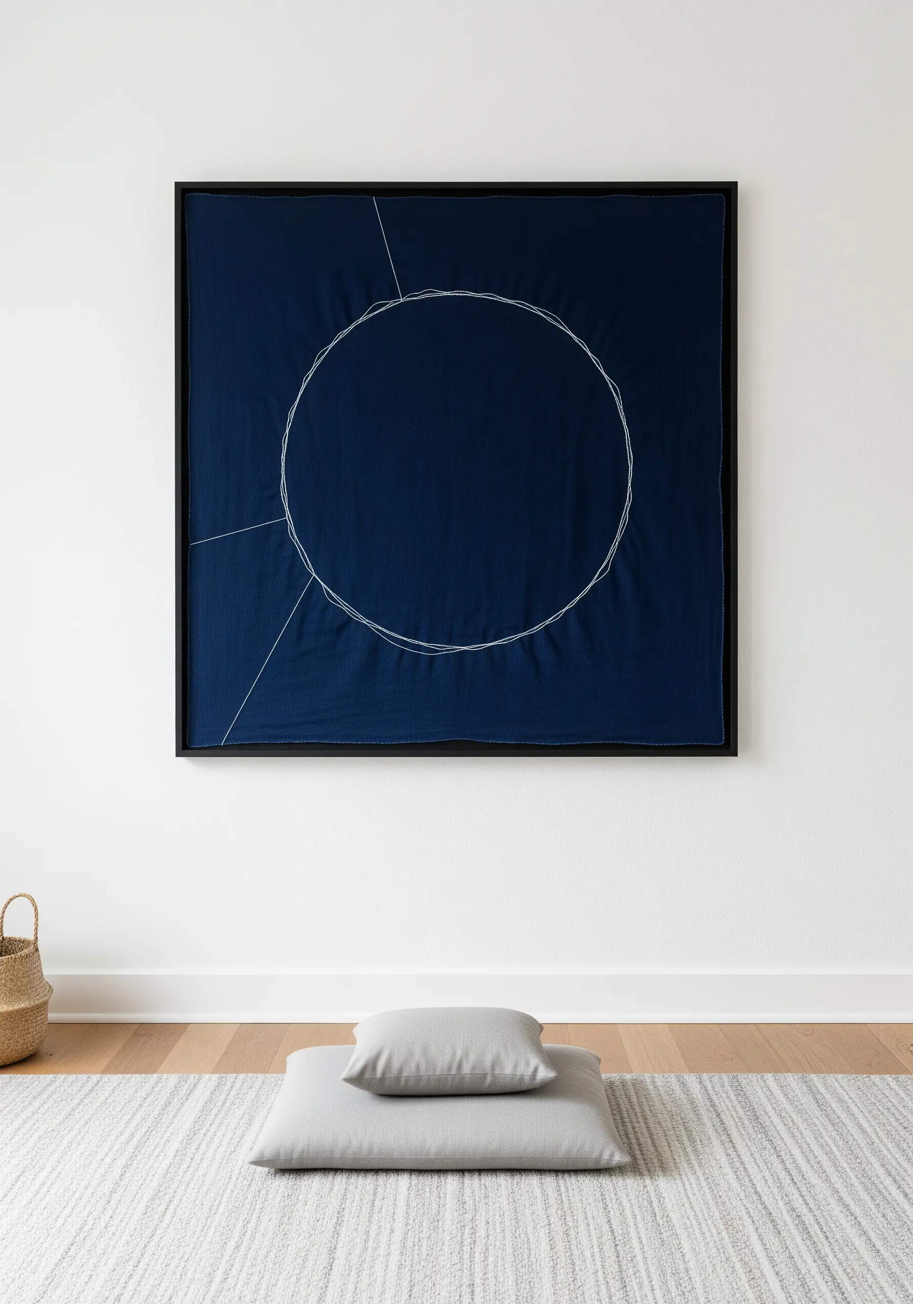 A large, imperfect circle stitched in white thread on a dark indigo canvas, framed in black.