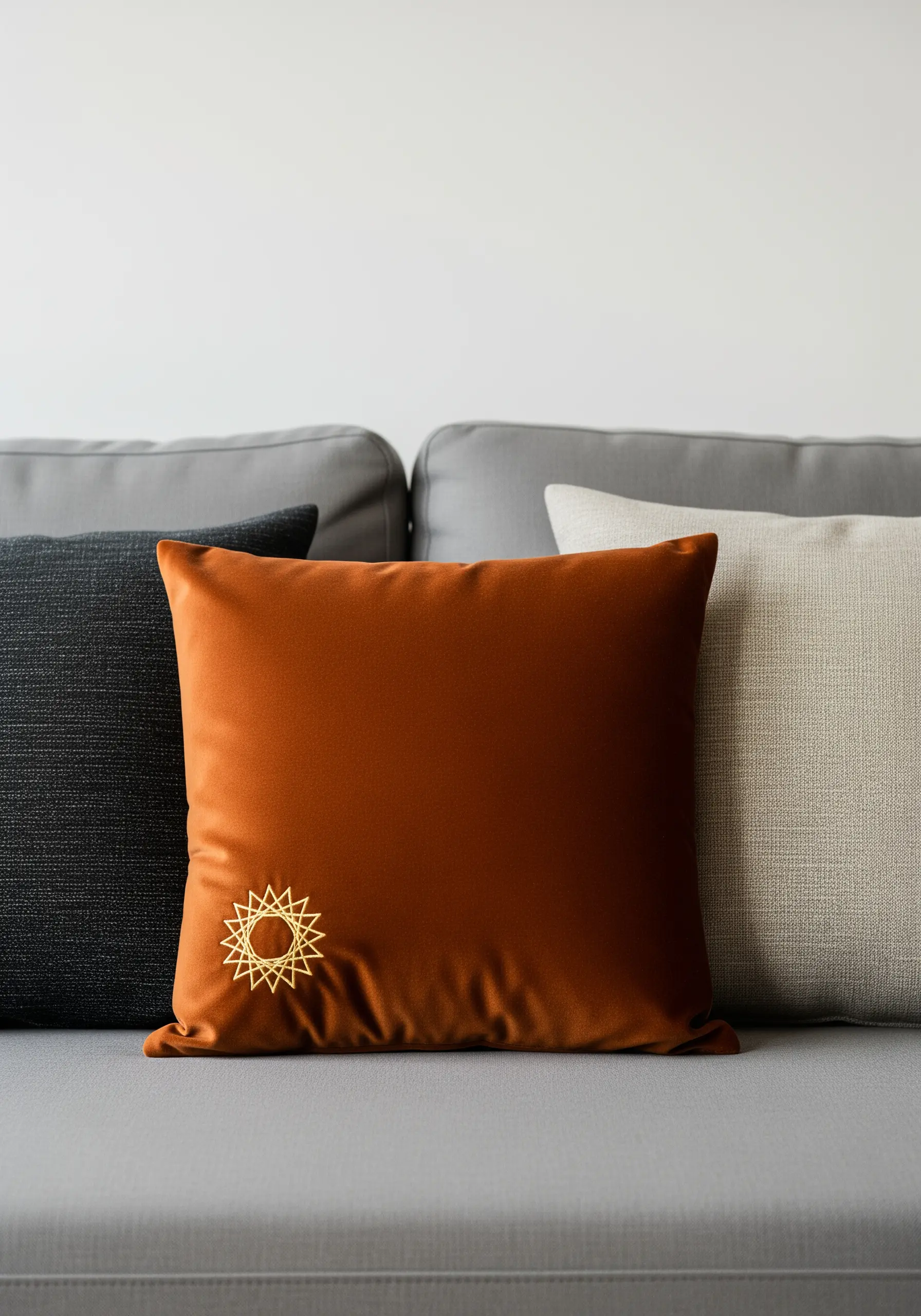 A small, geometric sunburst embroidered with gold metallic thread on a rust-colored satin pillow.
