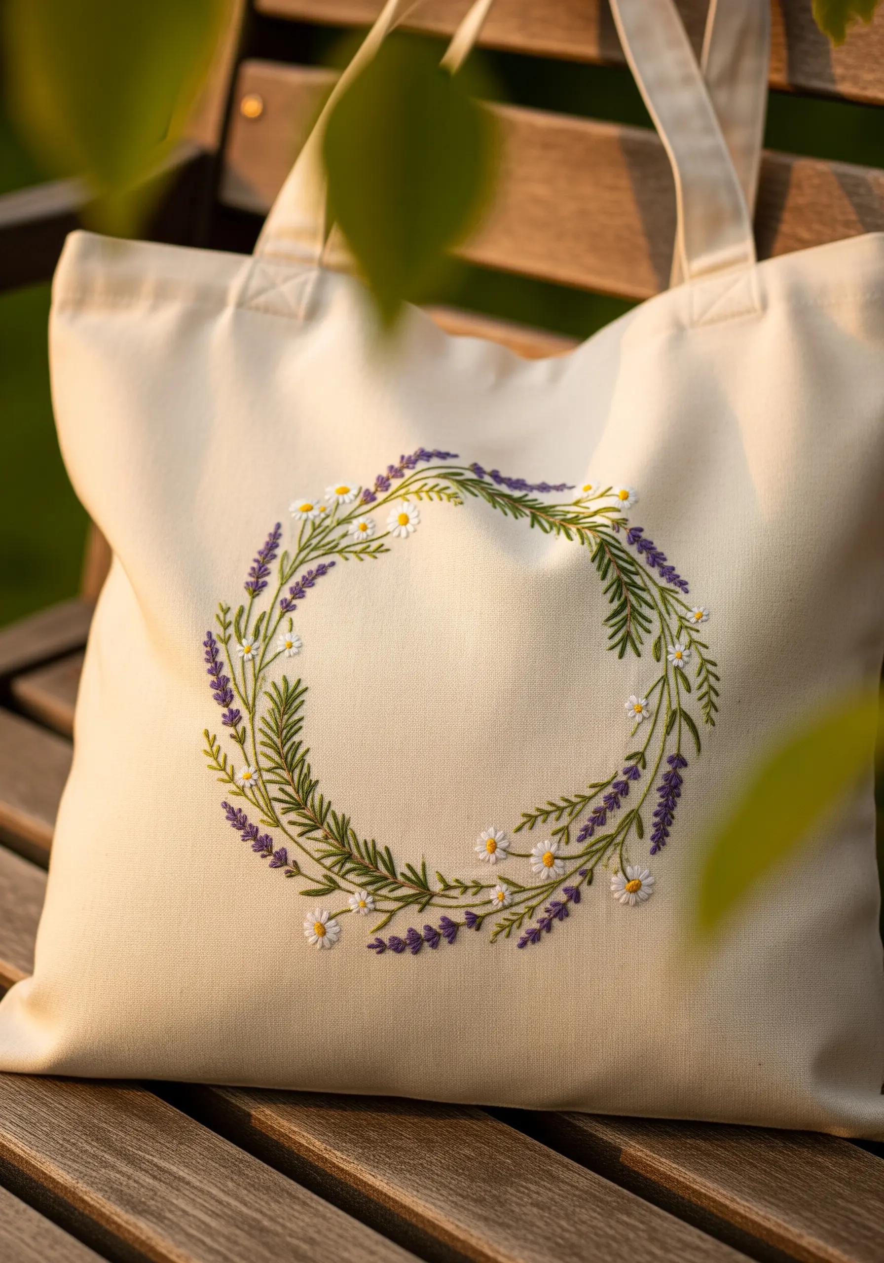 A delicate embroidered wreath of lavender and daisies on a cream tote bag.