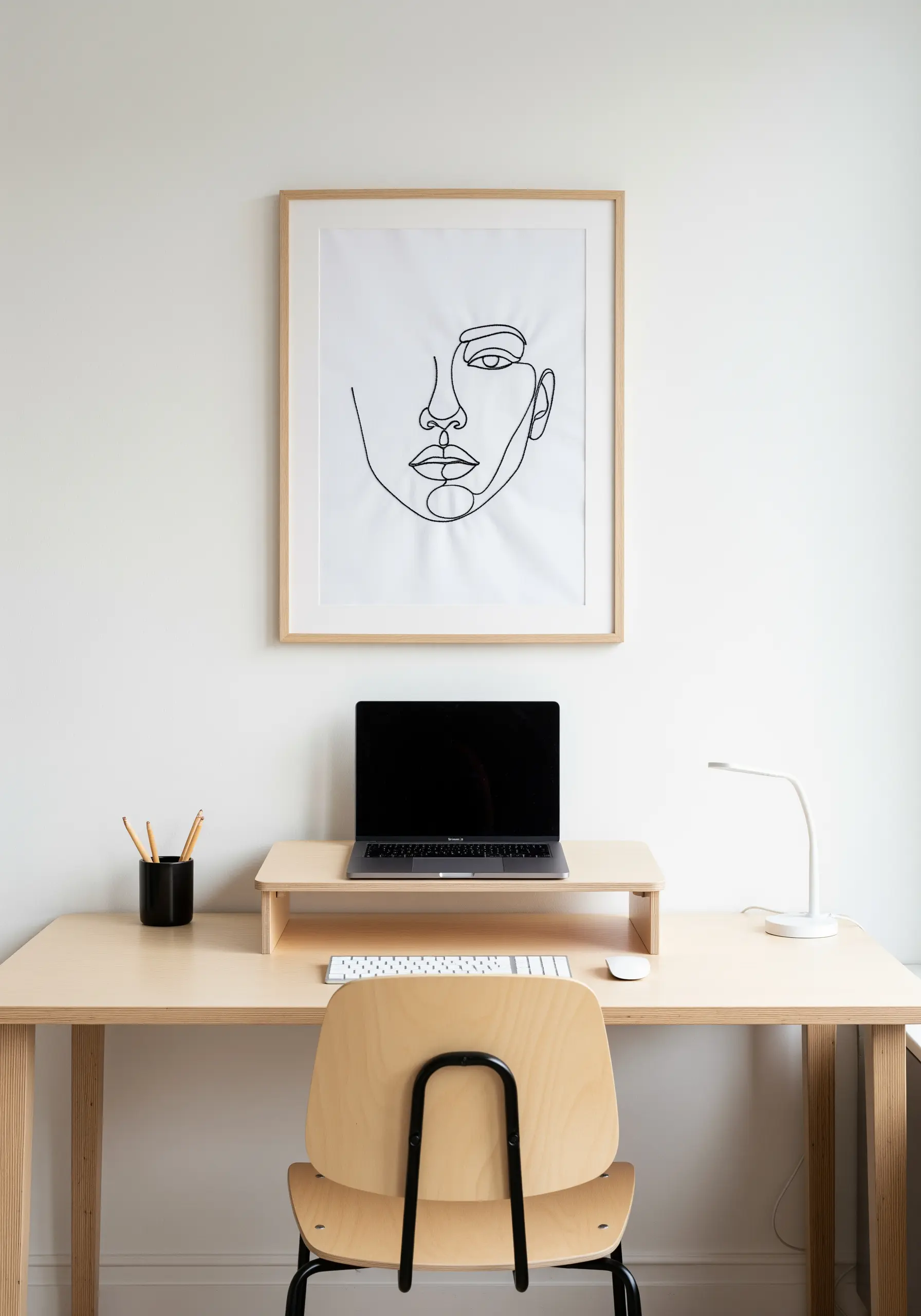 A minimalist one-line embroidery portrait of a face, framed above a modern desk.