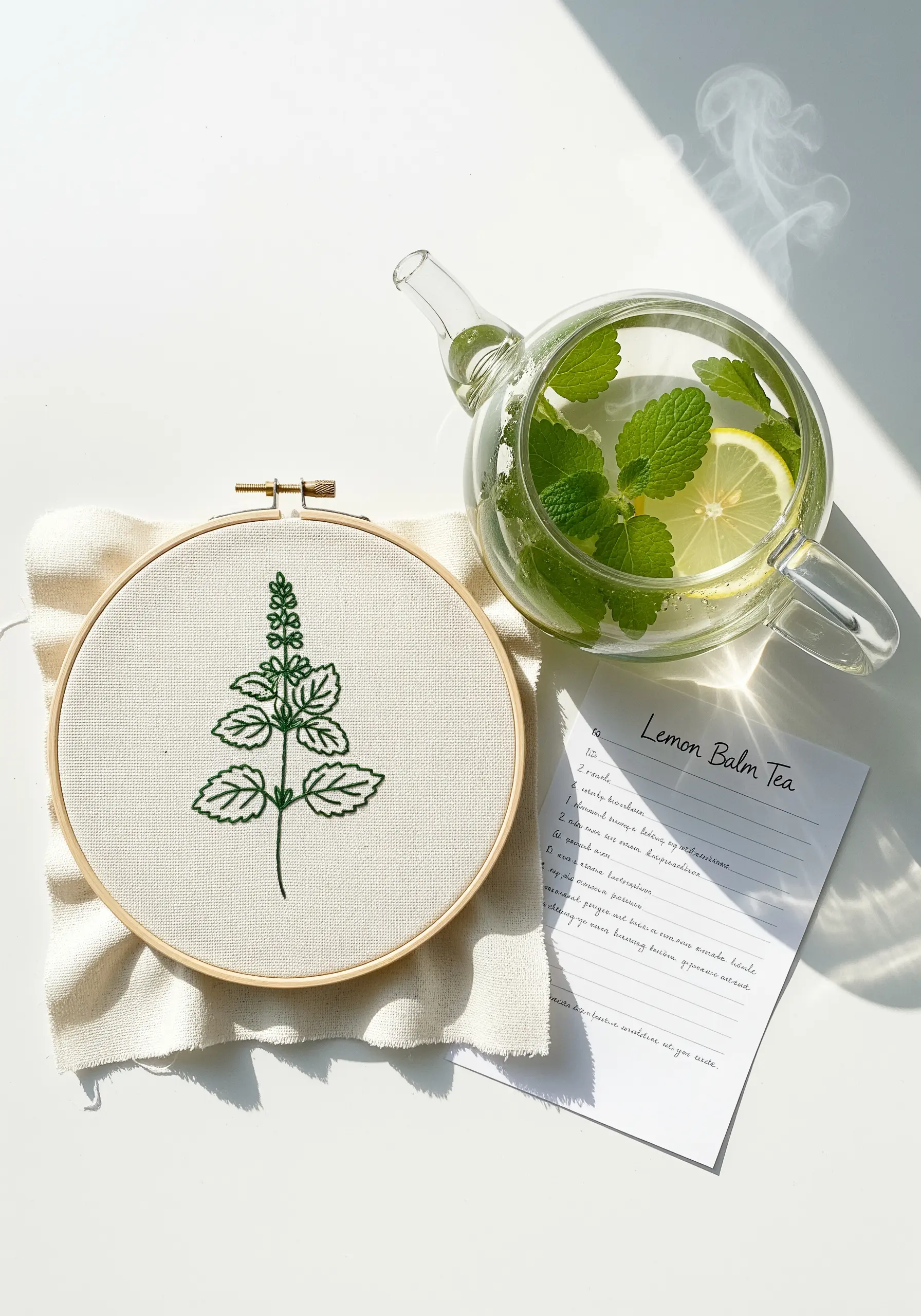 A minimalist line art embroidery of a lemon balm sprig in a small hoop.