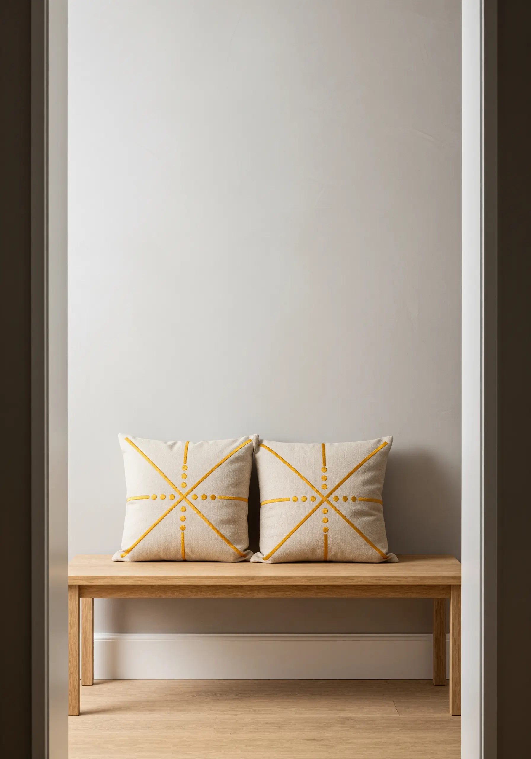 Minimalist gold grid with French knots on an off-white cushion.