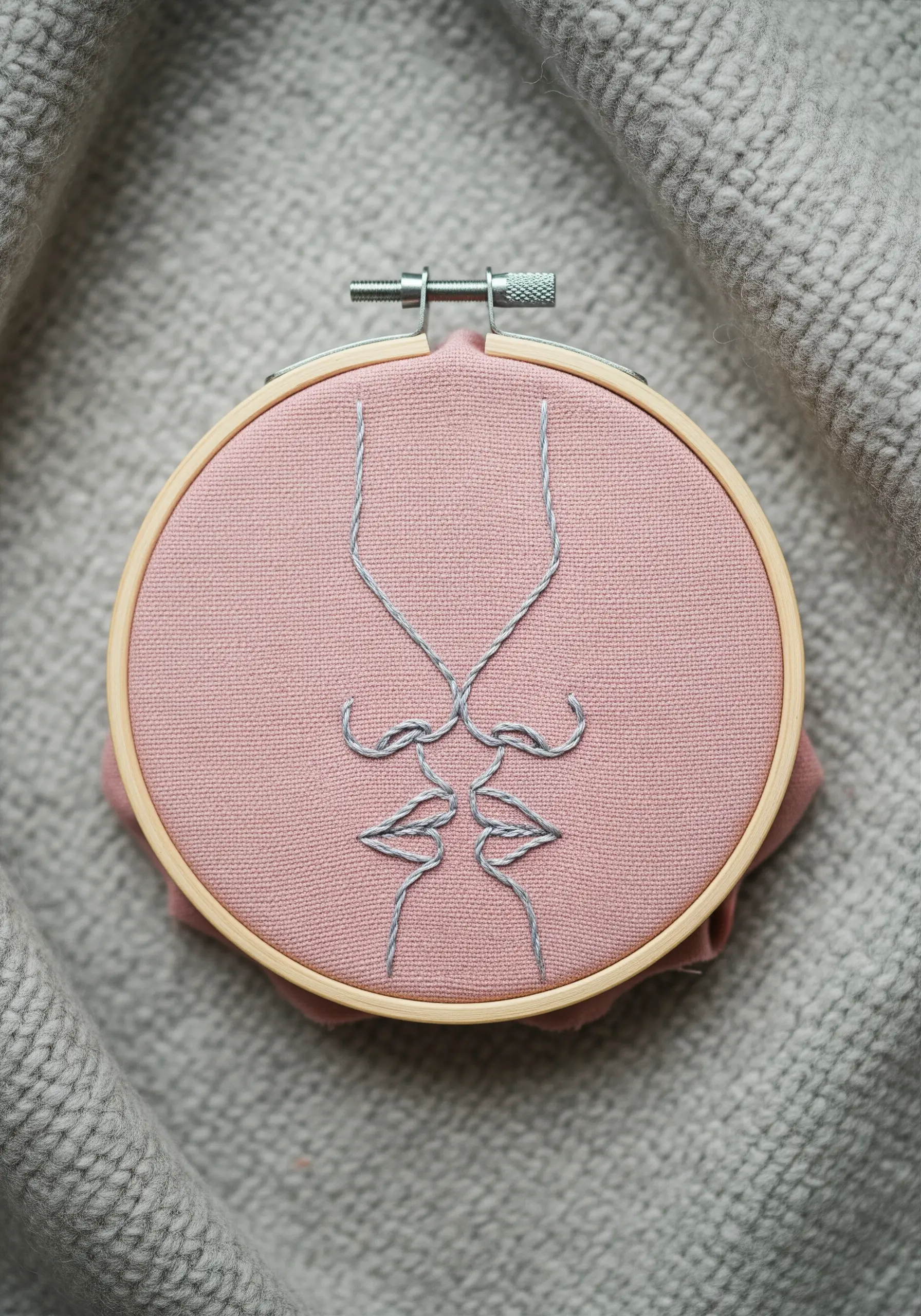 A minimalist and symmetrical abstract design in grey thread on pink fabric, suggesting a kiss.
