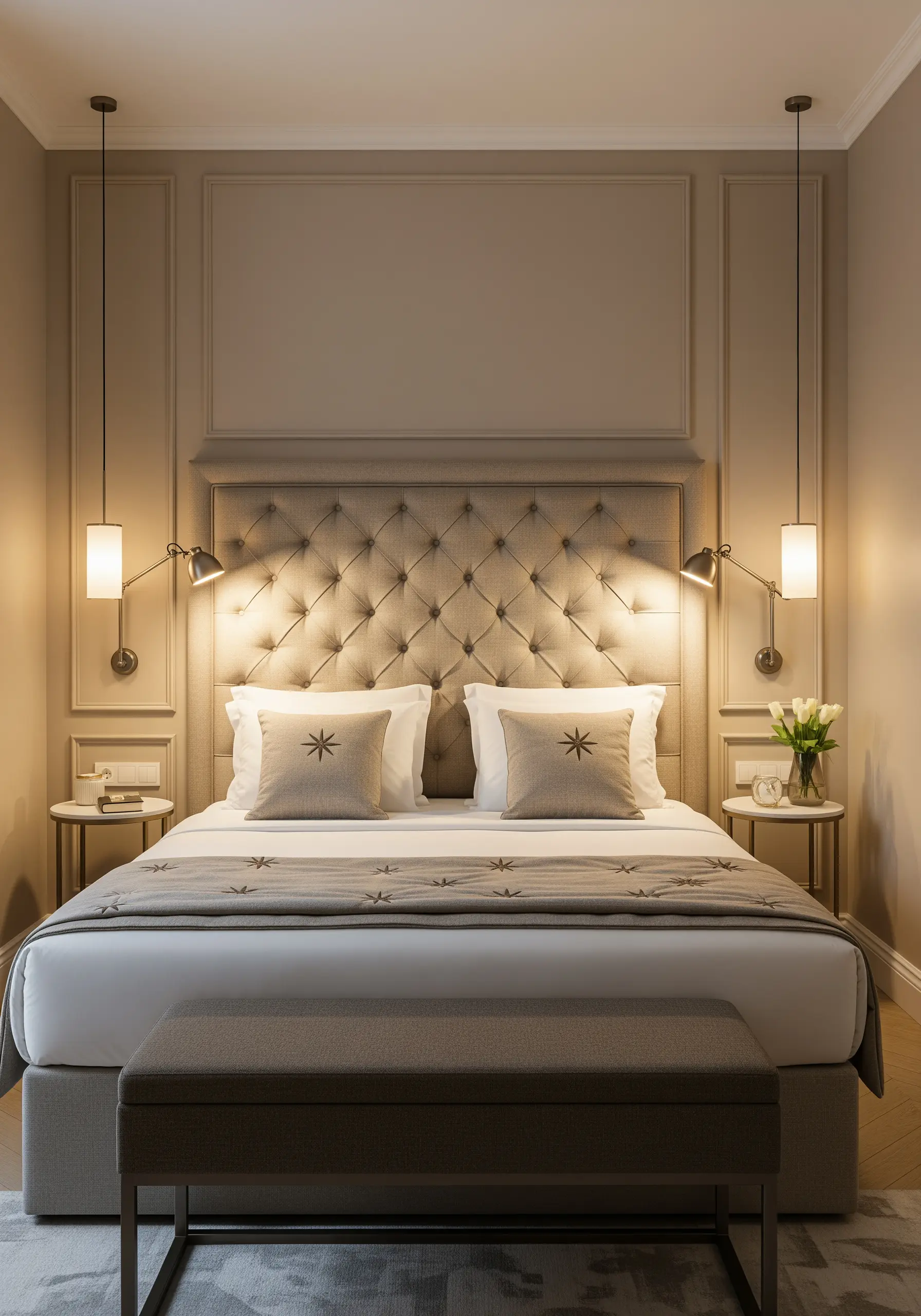Two neutral-colored cushions on a bed, each featuring a simple embroidered starburst motif.