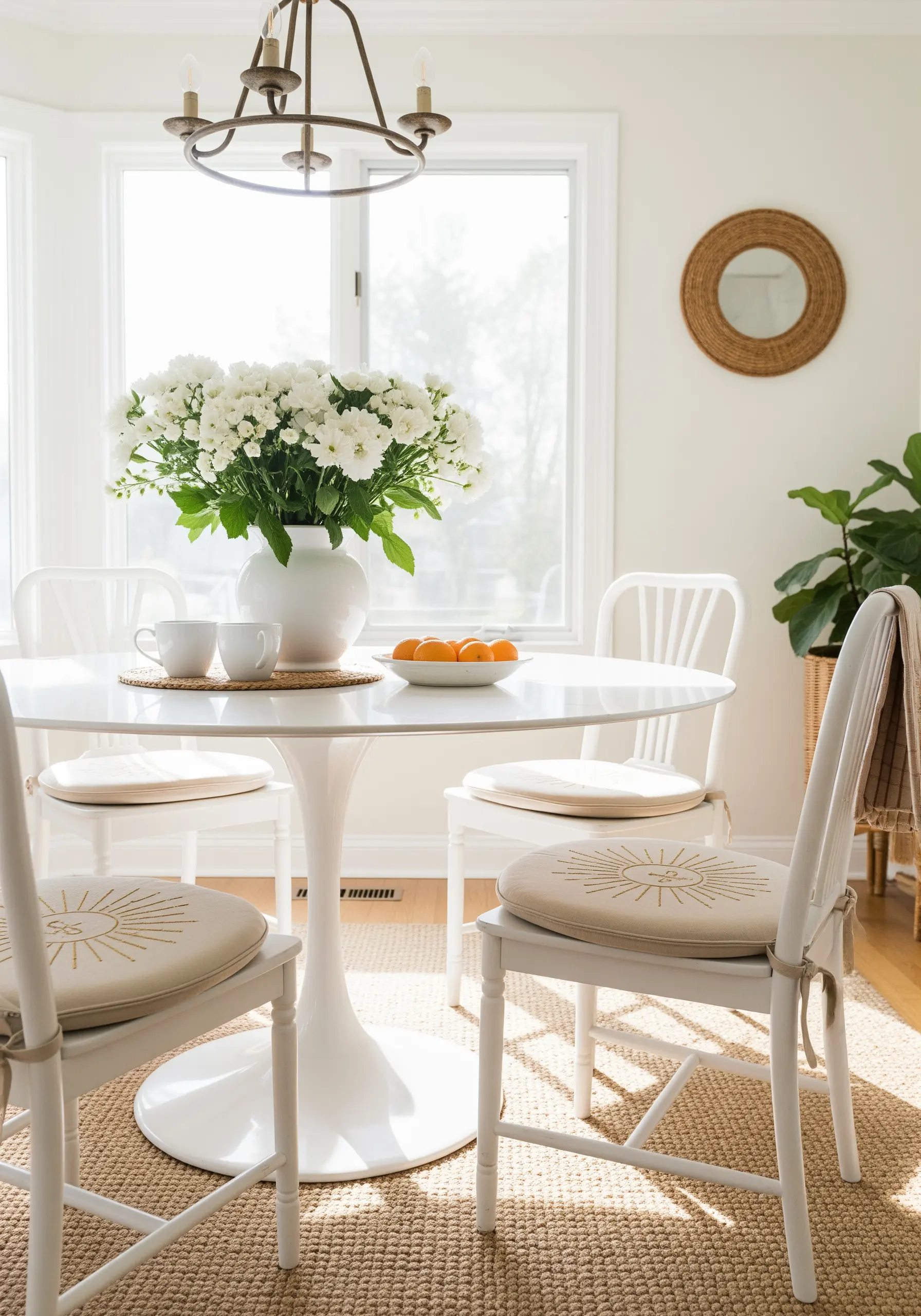 Minimalist gold sunburst embroidery on round white chair pads.