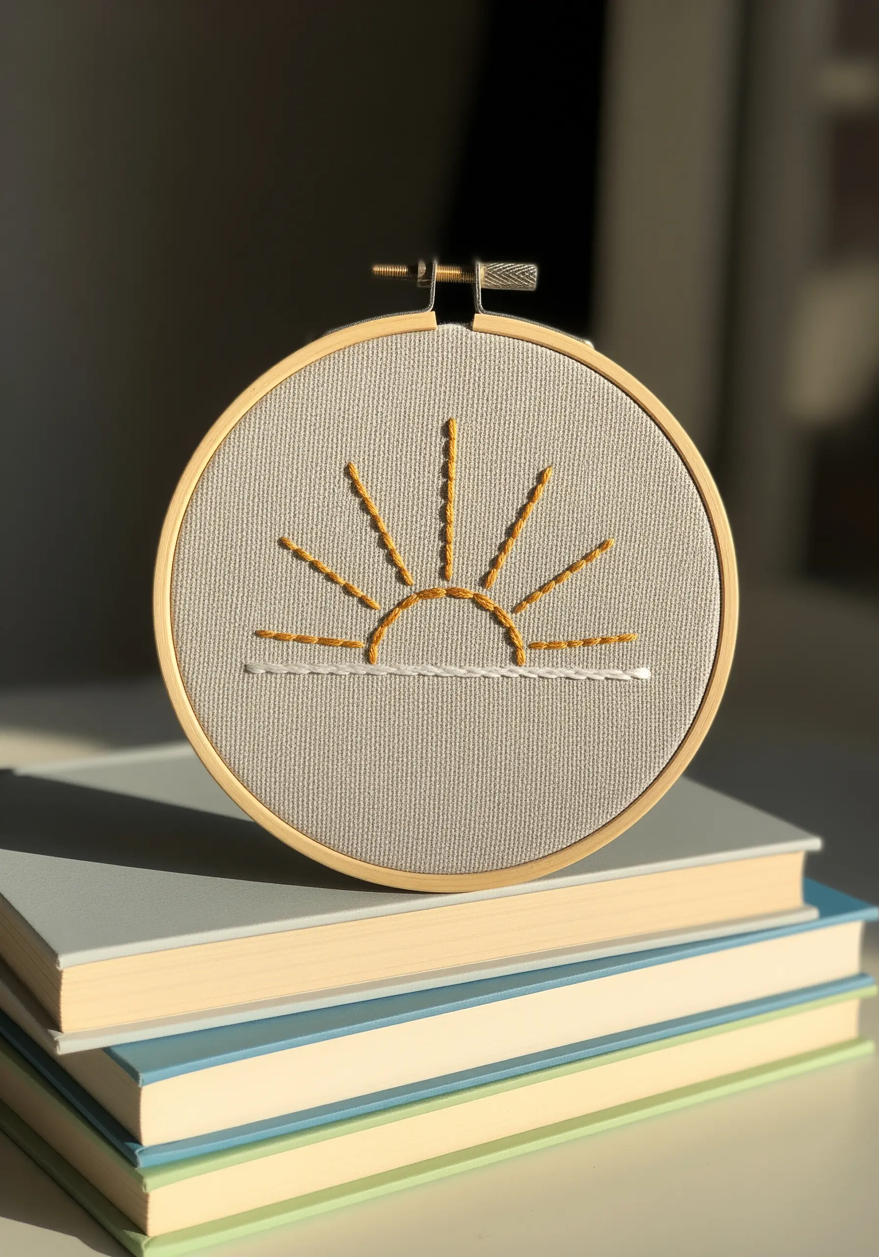 Minimalist sunrise embroidery with golden rays and a white horizon line.