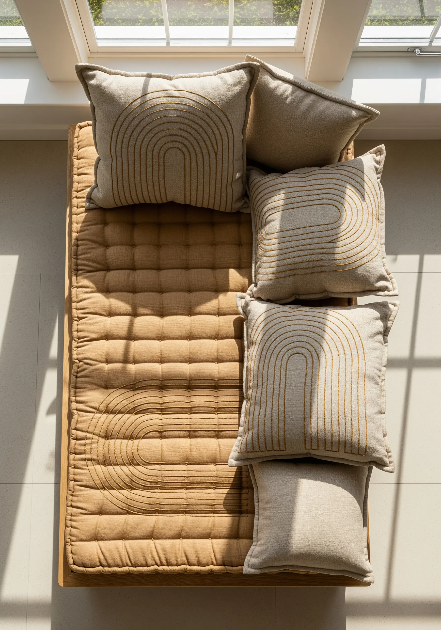 Modern gold arches embroidered on a textured beige cushion.