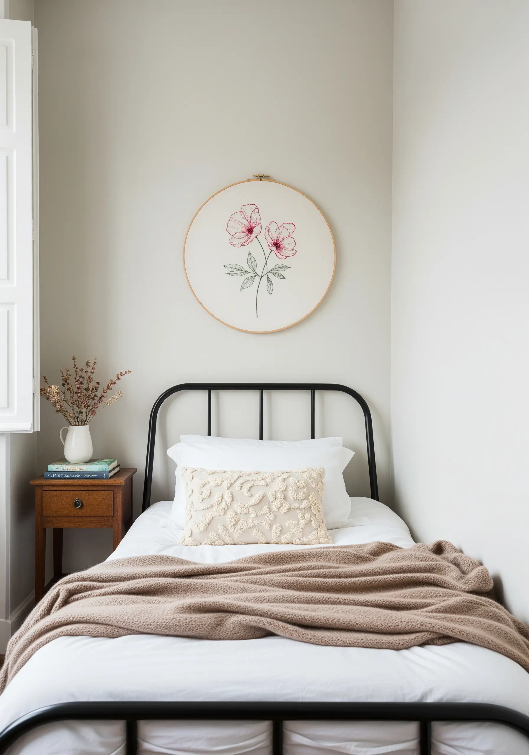 A simple embroidery hoop with two pink cosmos flowers stitched with black outlines.