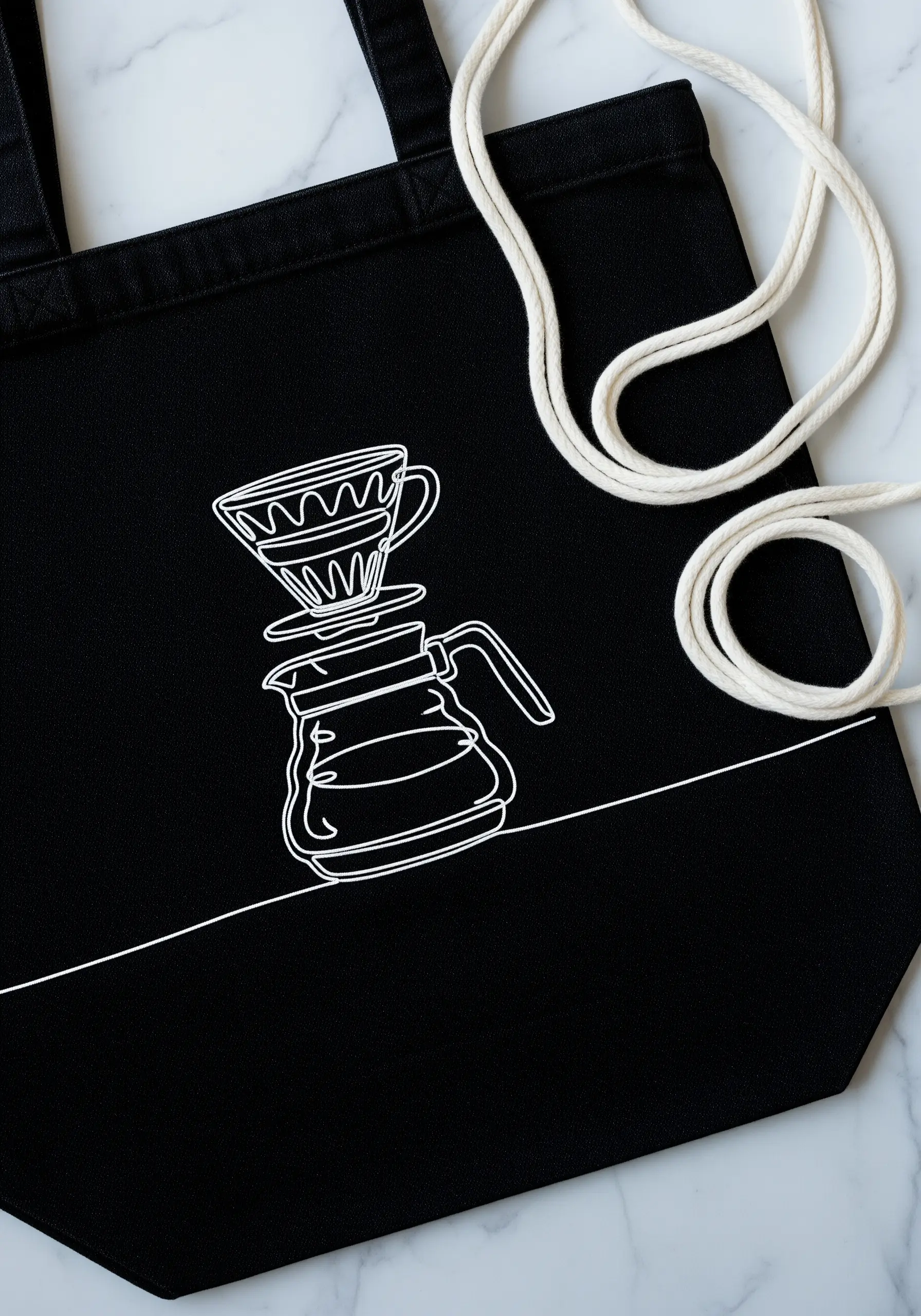Minimalist white line-art embroidery of a pour-over coffee maker on a black tote bag.