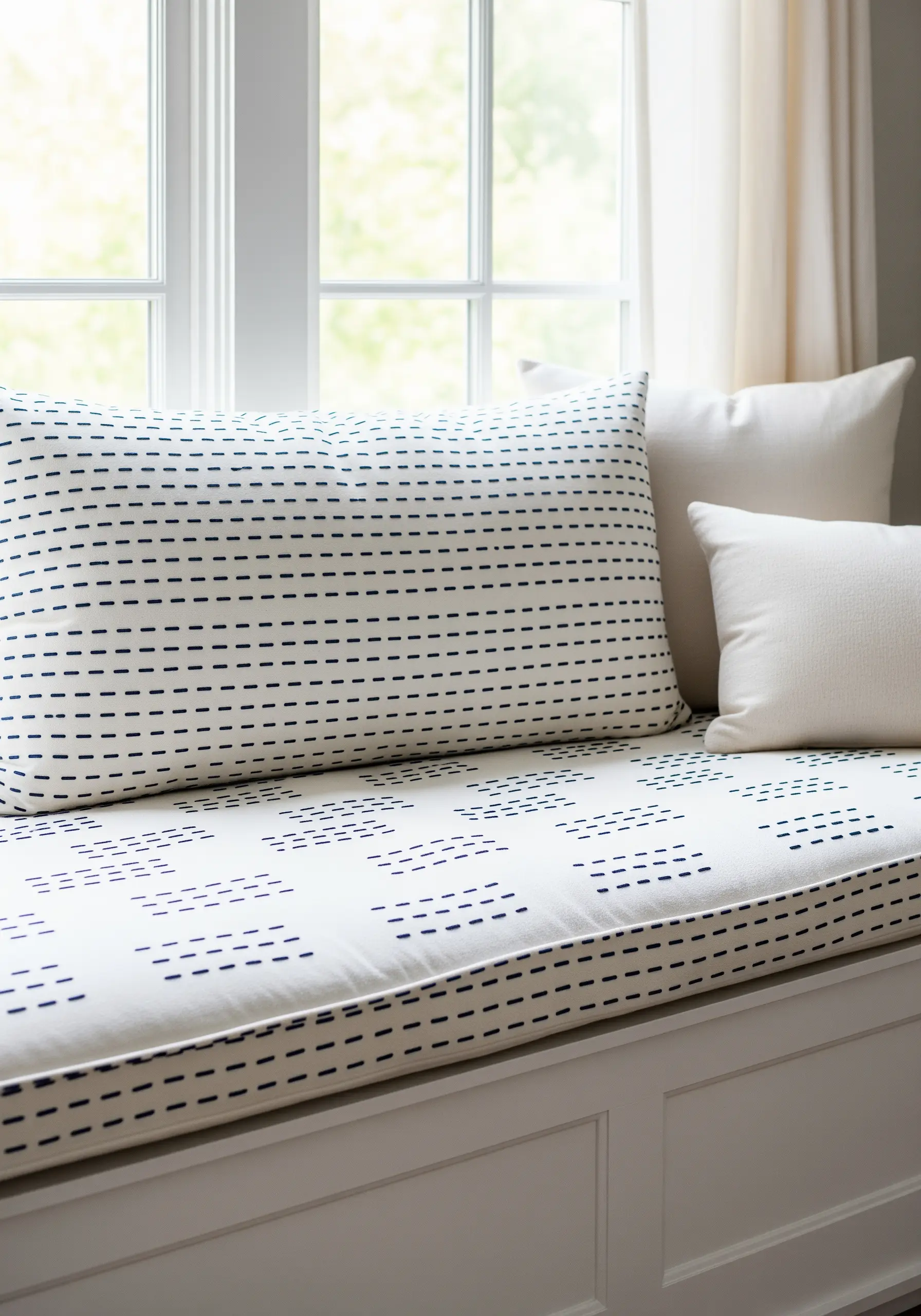 A geometric pattern of navy blue running stitches, inspired by sashiko, on white cushions.