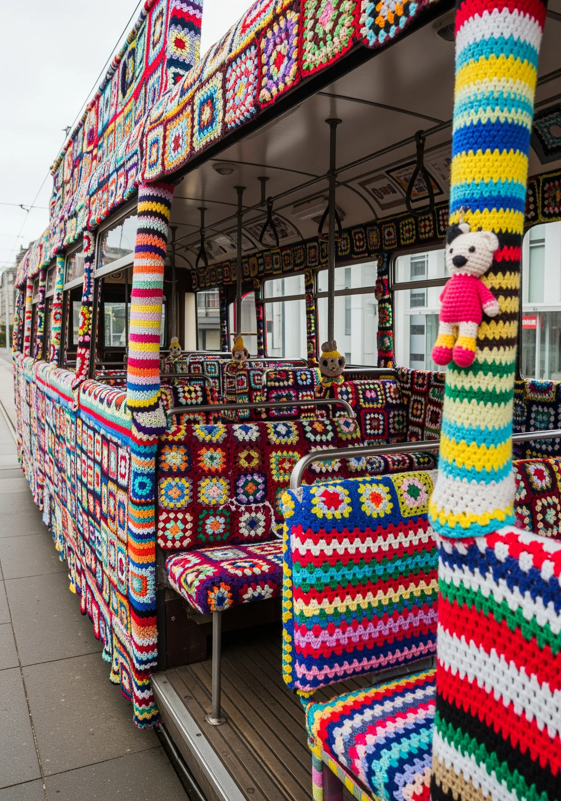 A public tram entirely covered in colorful crocheted granny squares, a form of yarn bombing.