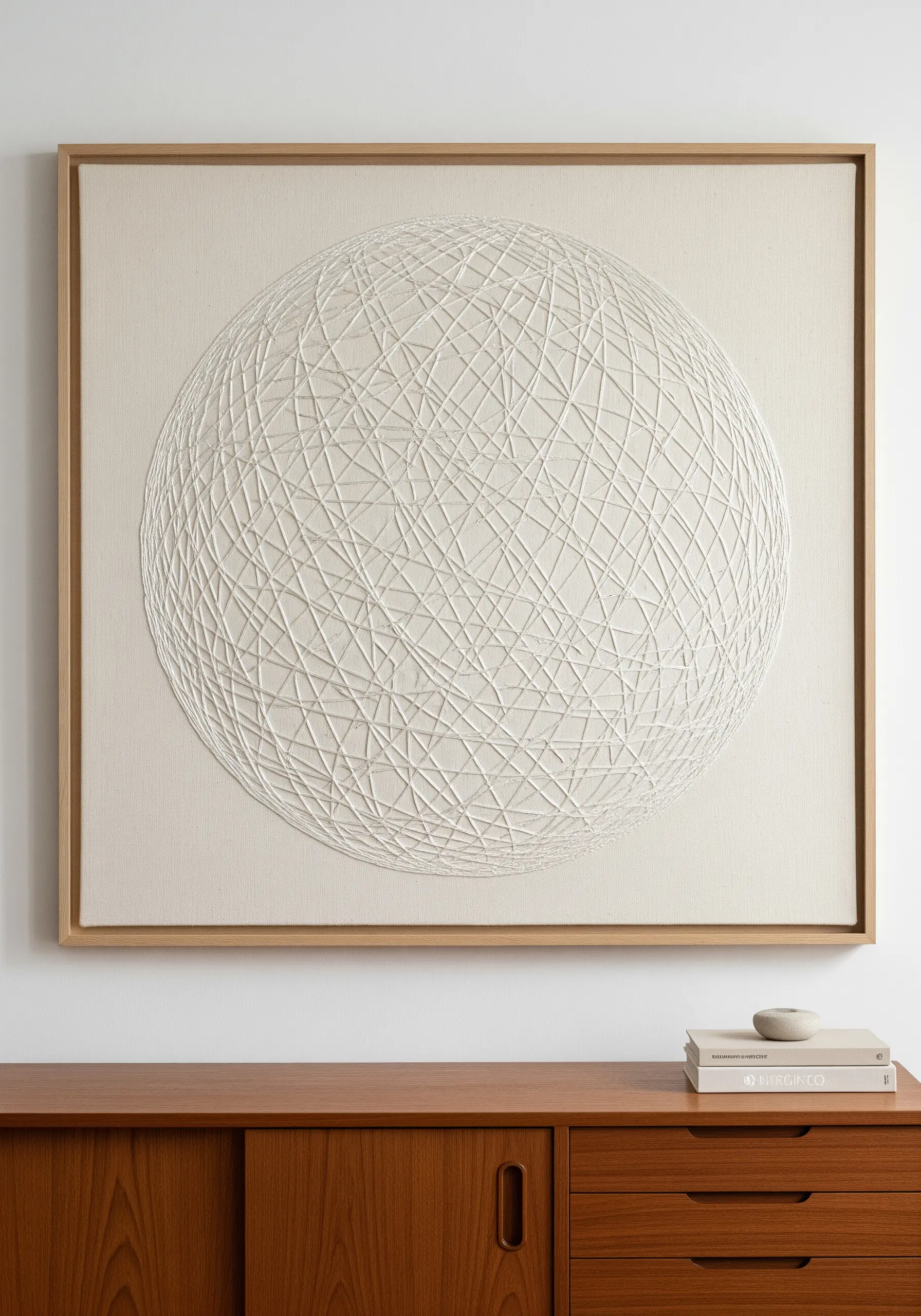 Textured white thread sphere embroidery on beige canvas
