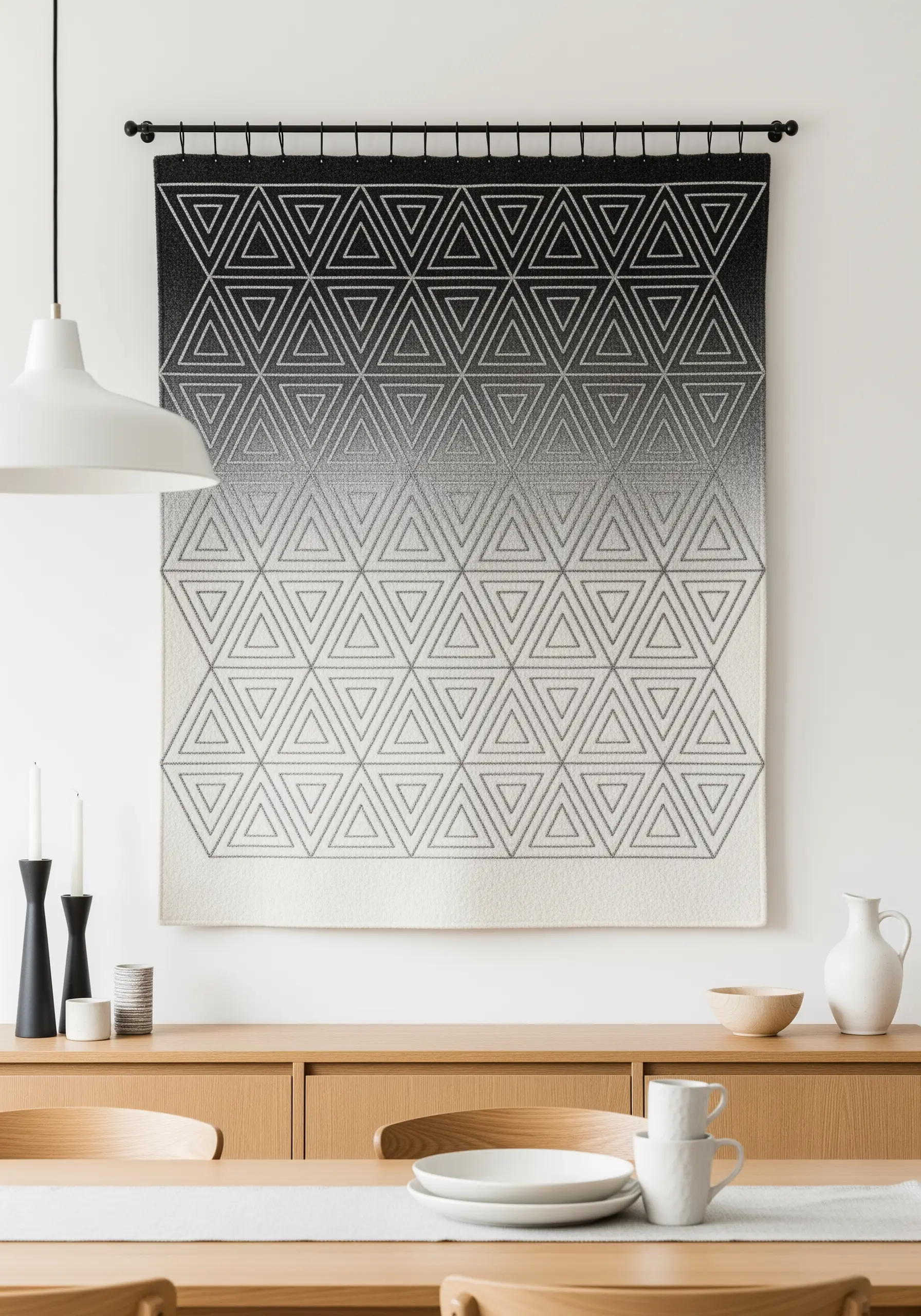 Geometric wall hanging with a black-to-white gradient composed of interlocking triangles.