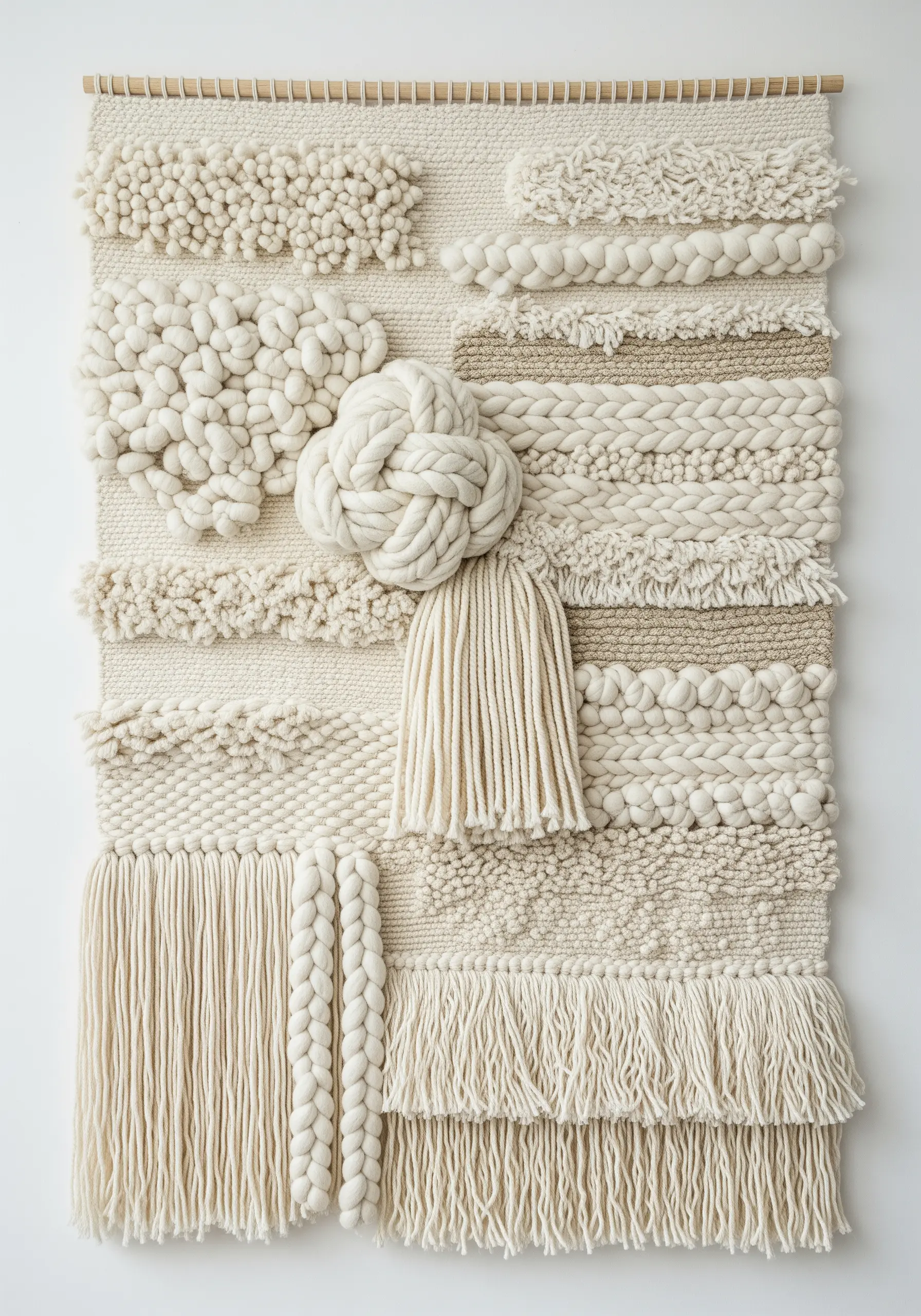 A neutral-toned woven wall hanging showcasing a variety of textures like knots, braids, and tassels.