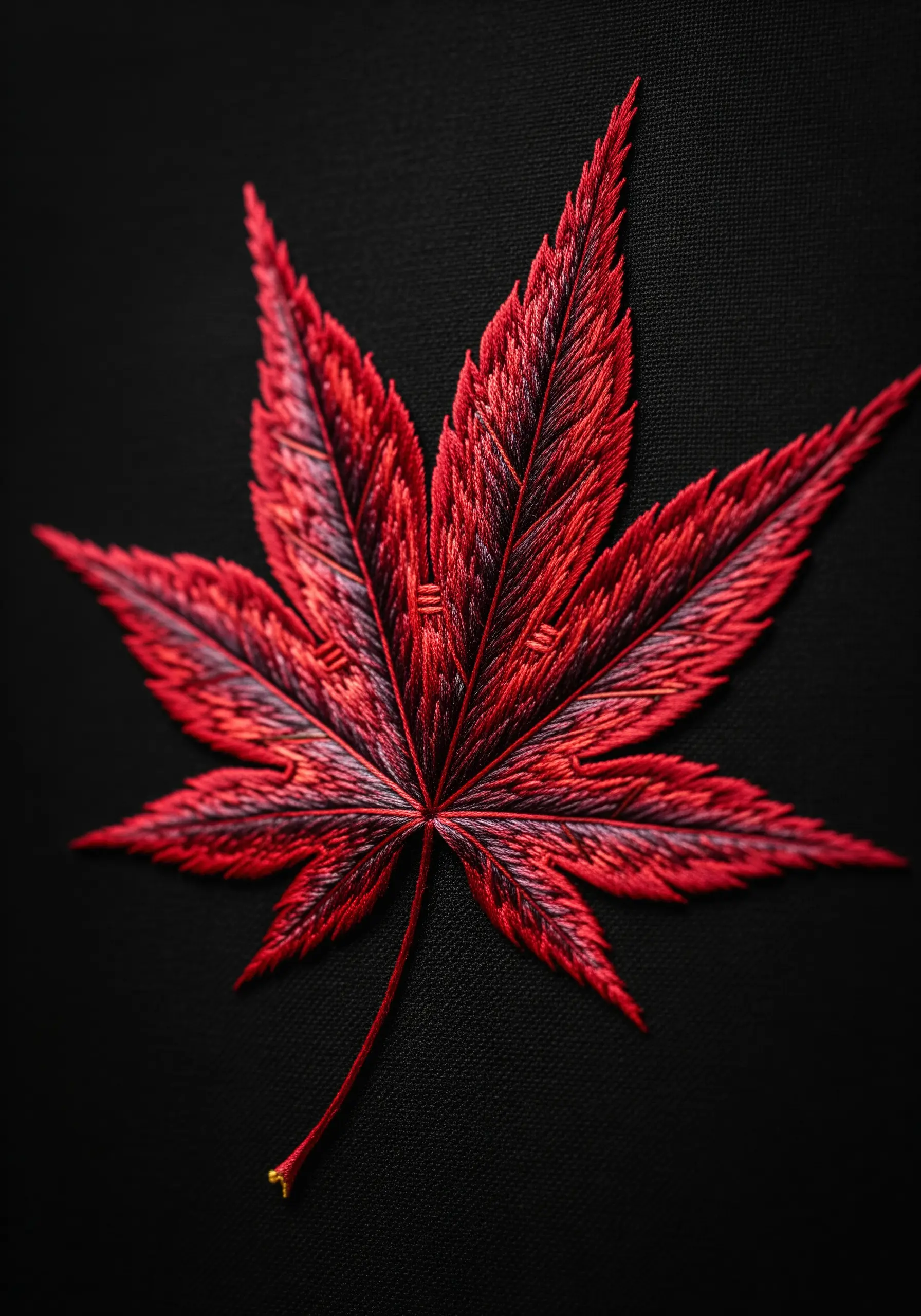 A deeply textured red Japanese Maple leaf embroidered on black fabric.