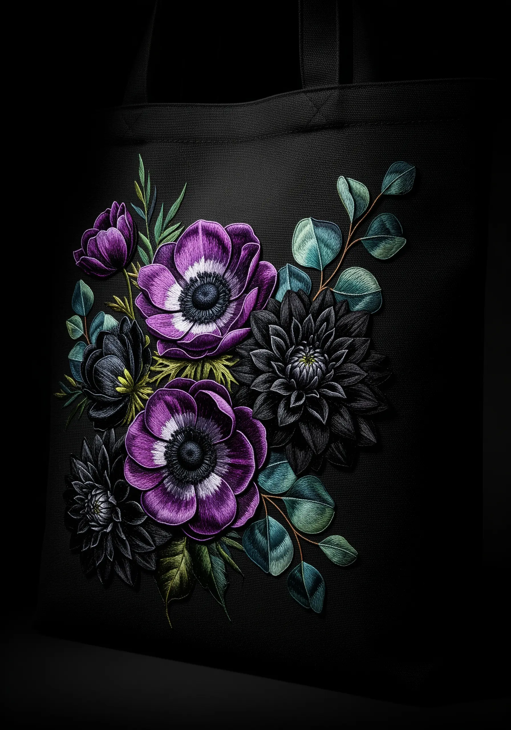 A dramatic embroidered bouquet with purple anemones and black dahlias on a black tote.