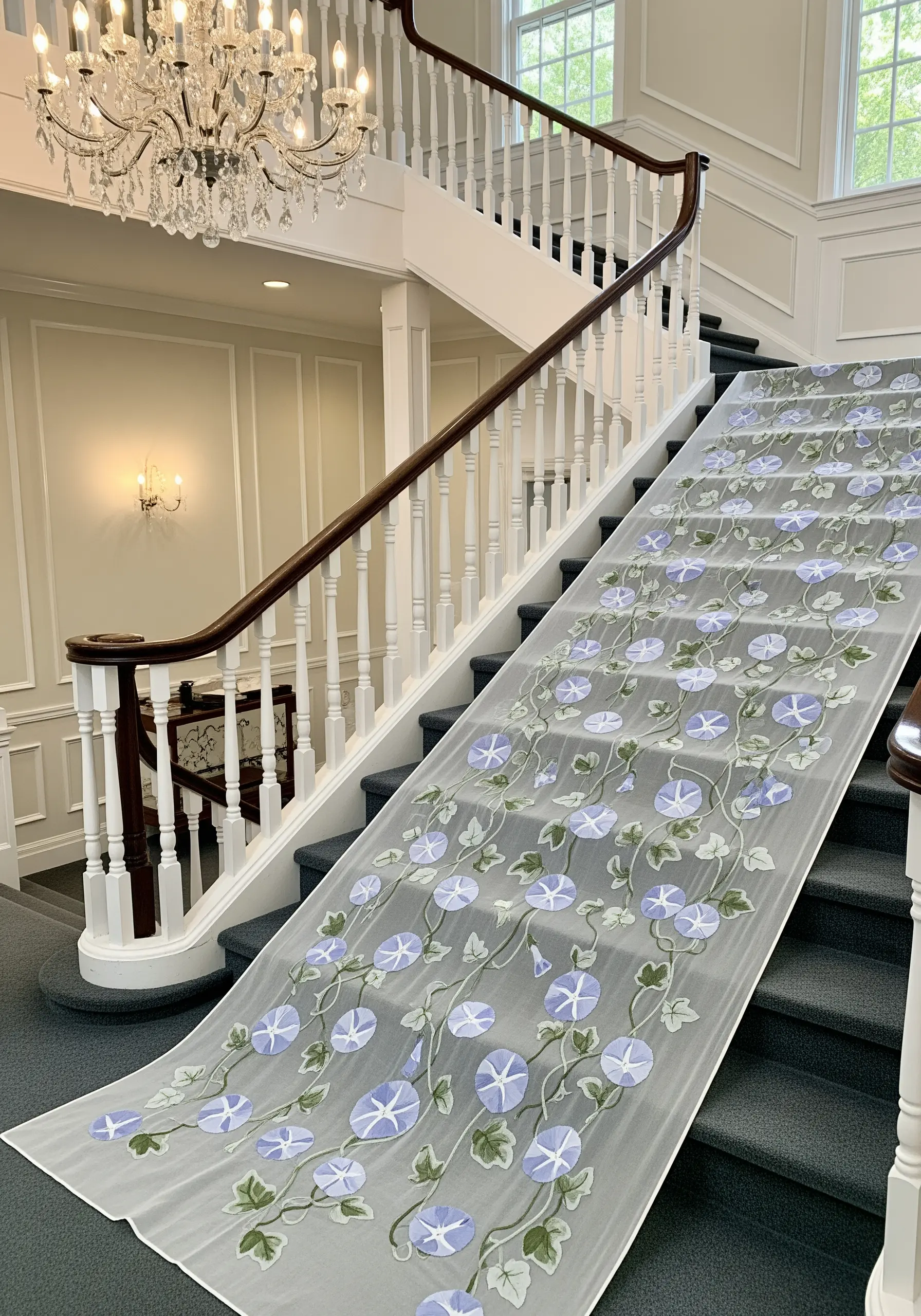 A long, sheer stair runner embroidered with a repeating pattern of morning glory vines.