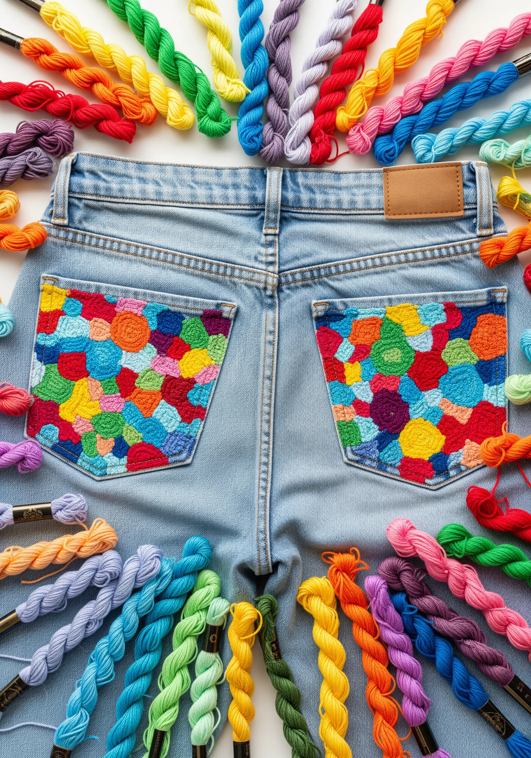 Jeans back pockets completely filled with colorful, abstract mosaic-style embroidery