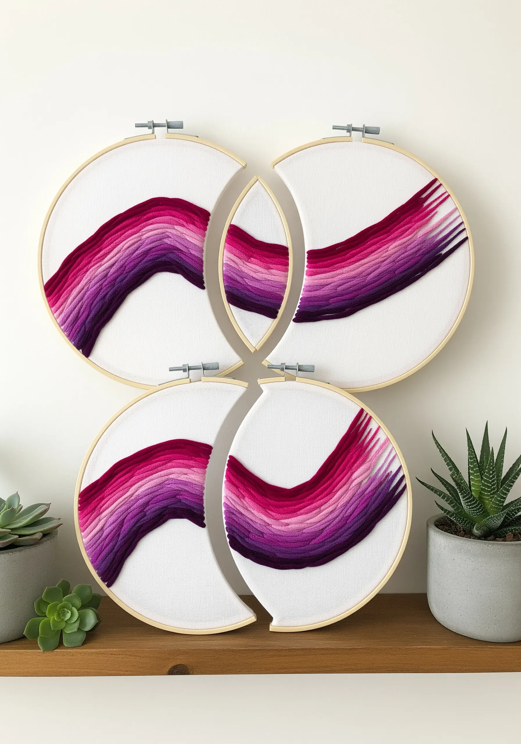Four embroidery hoops displaying a continuous abstract purple wave