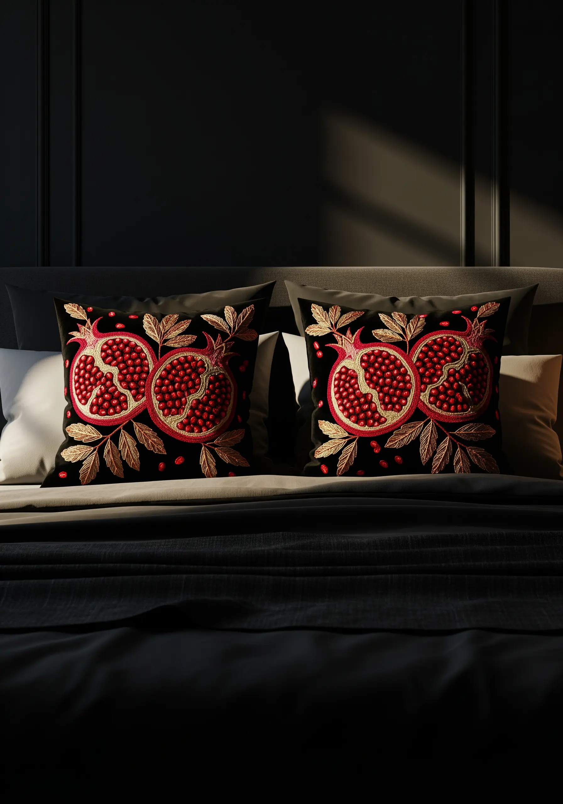 Richly embroidered pomegranates with red seeds and gold leaves on black cushions.