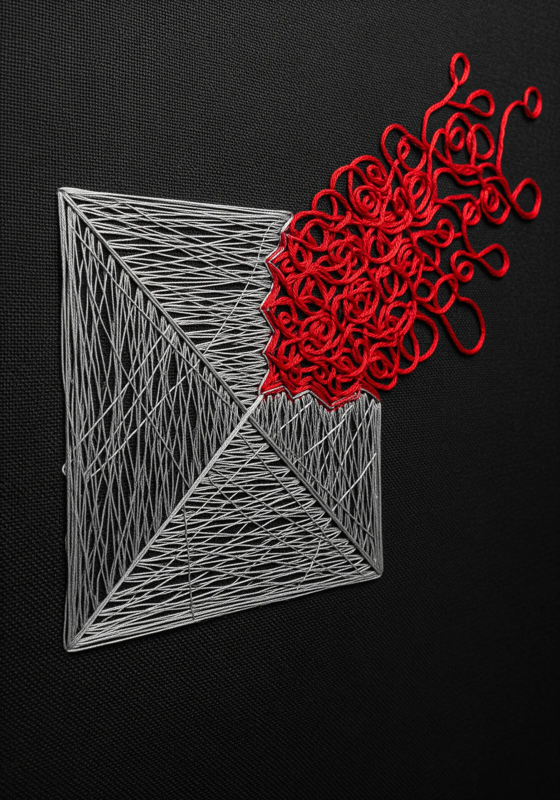 A structured grid of white thread breaking into a chaotic tangle of red thread.