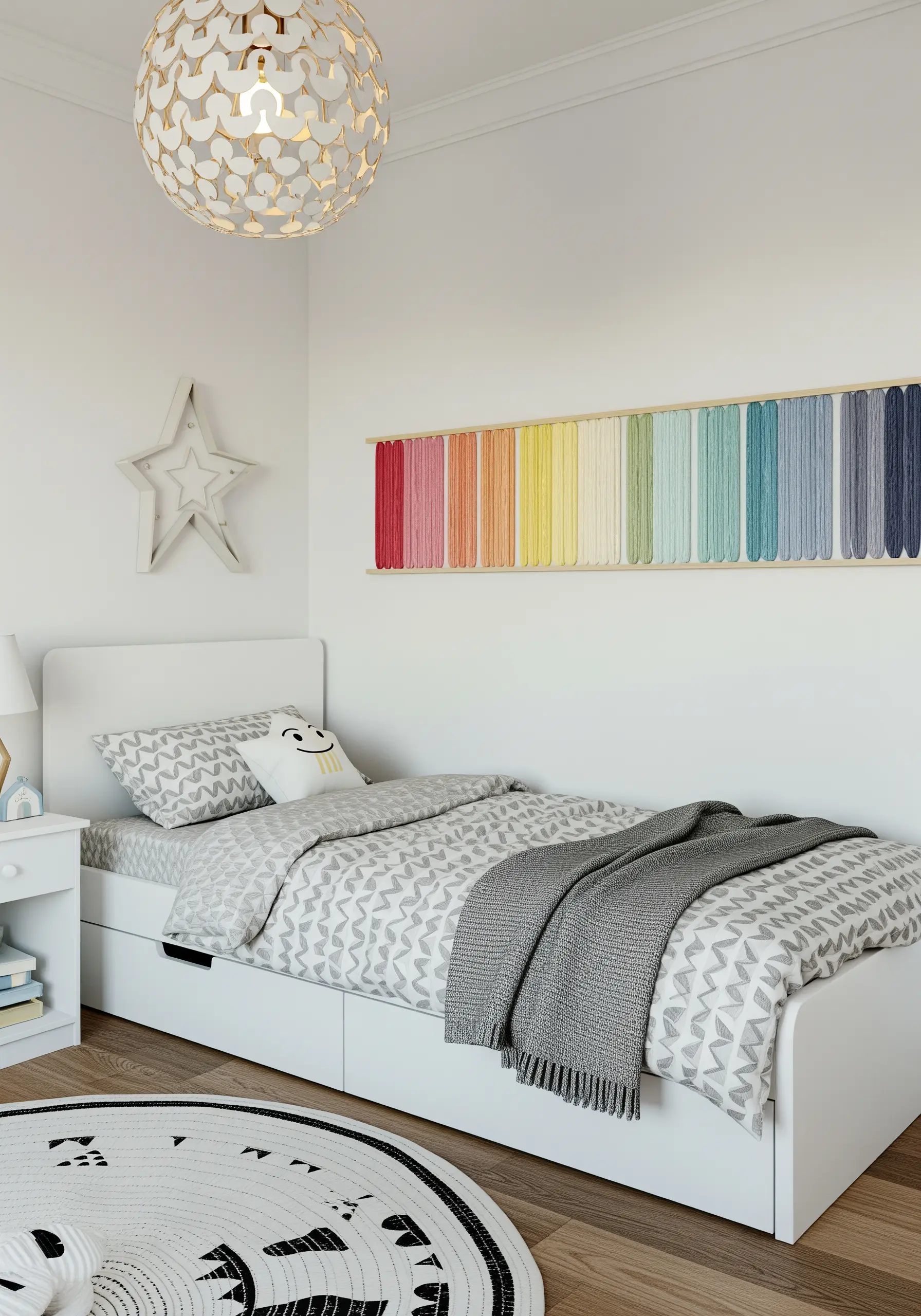 A long wall hanging made of colorful yarns wrapped in a rainbow gradient.