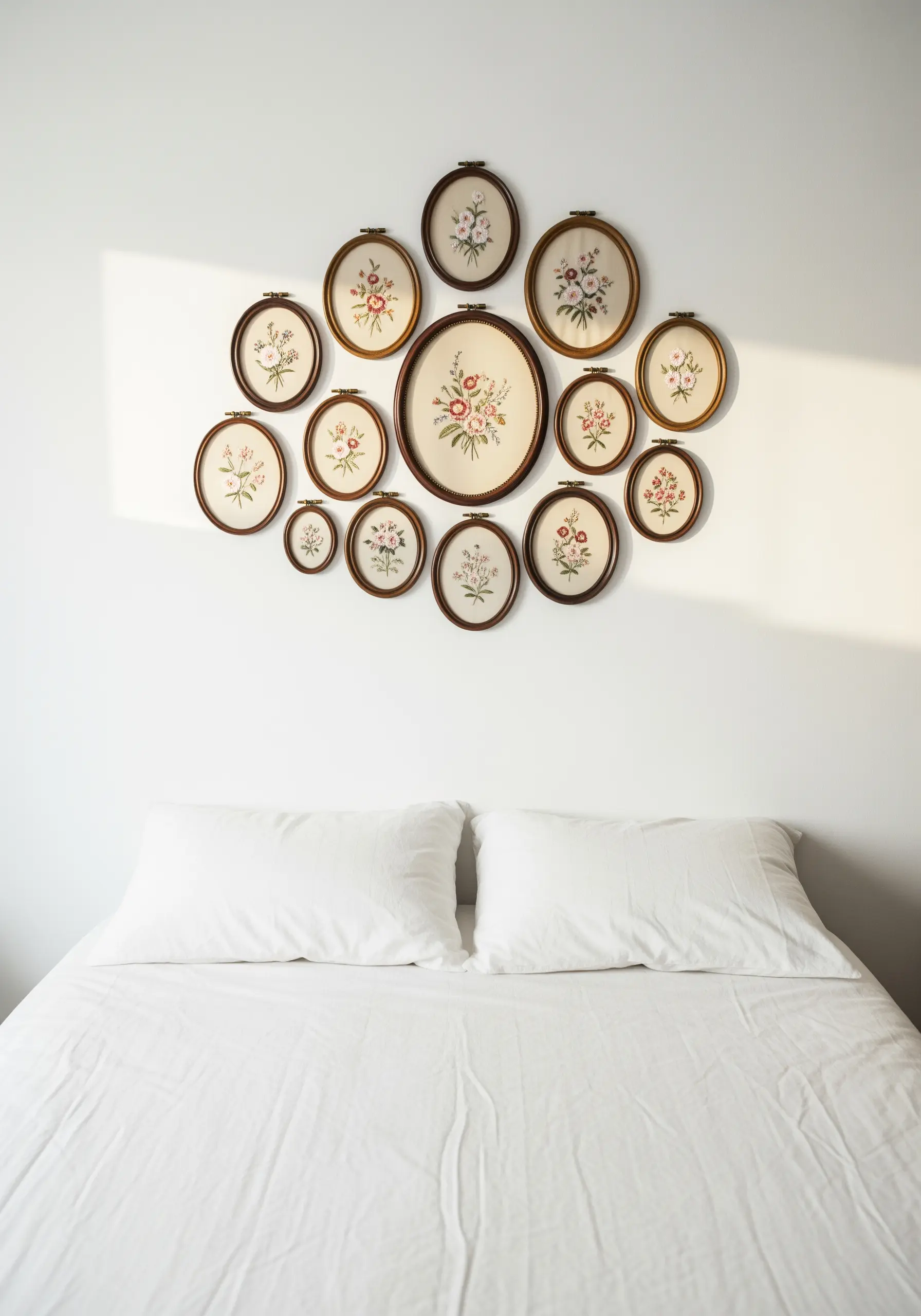 Cluster of oval and round floral embroidery hoops on a white wall