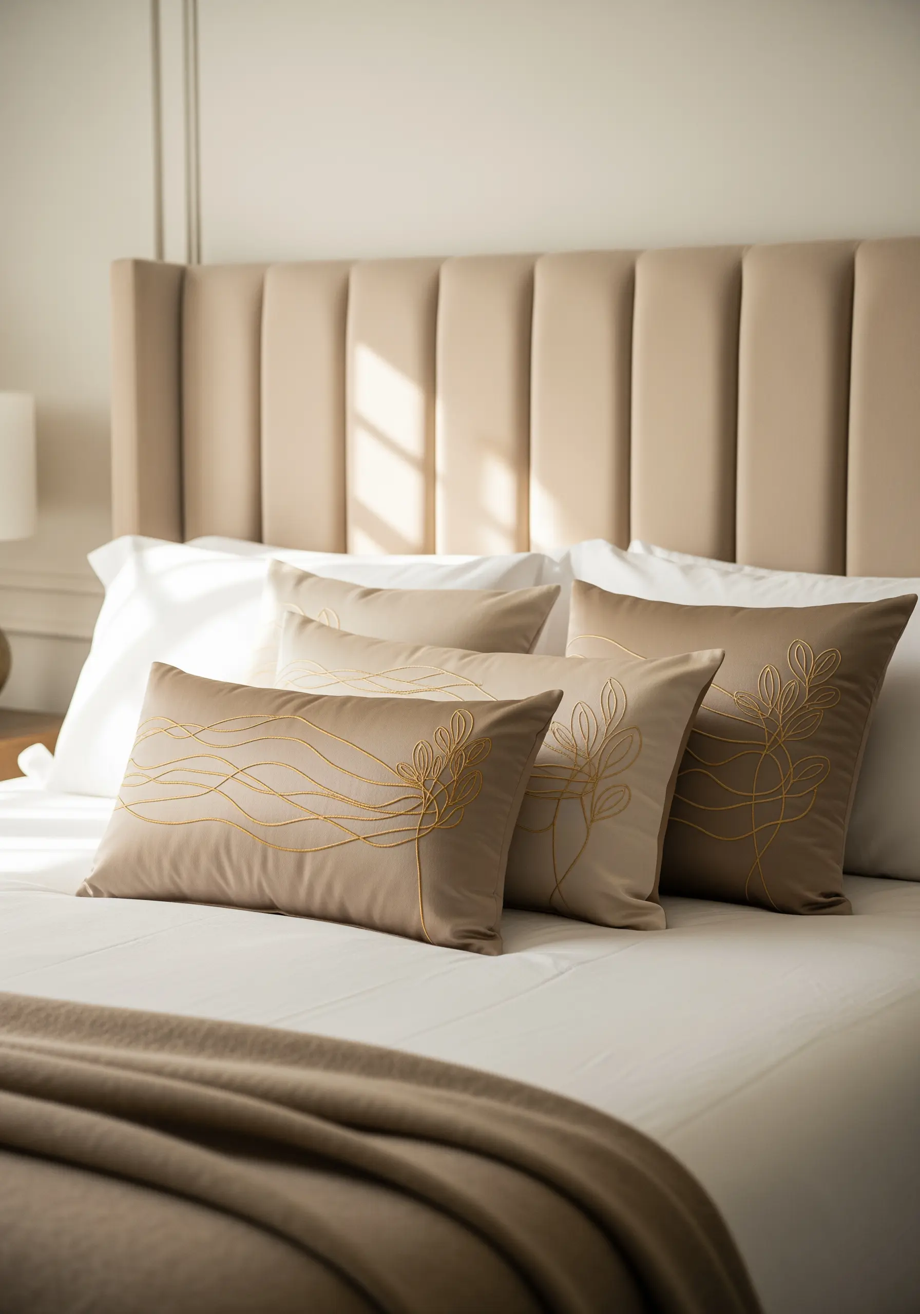 Flowing gold thread botanical outlines on satin beige cushions on a bed.