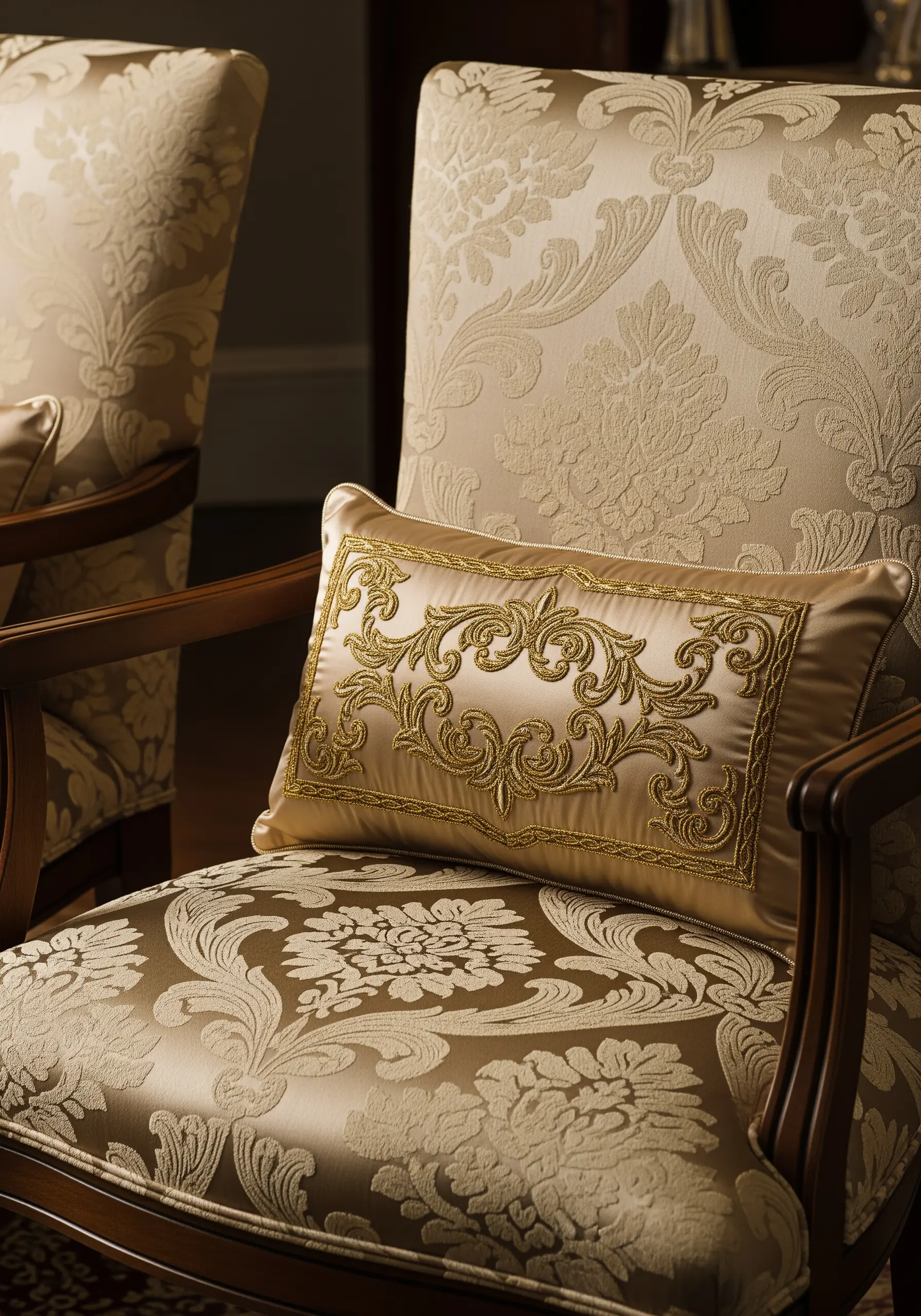 Ornate gold baroque scrollwork on a satin lumbar cushion.