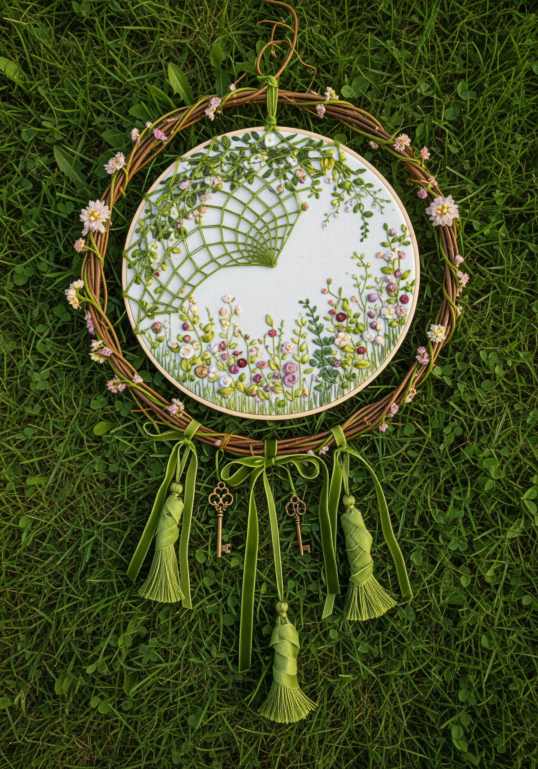 A secret garden dreamcatcher with dense floral embroidery framing a partial string art web.