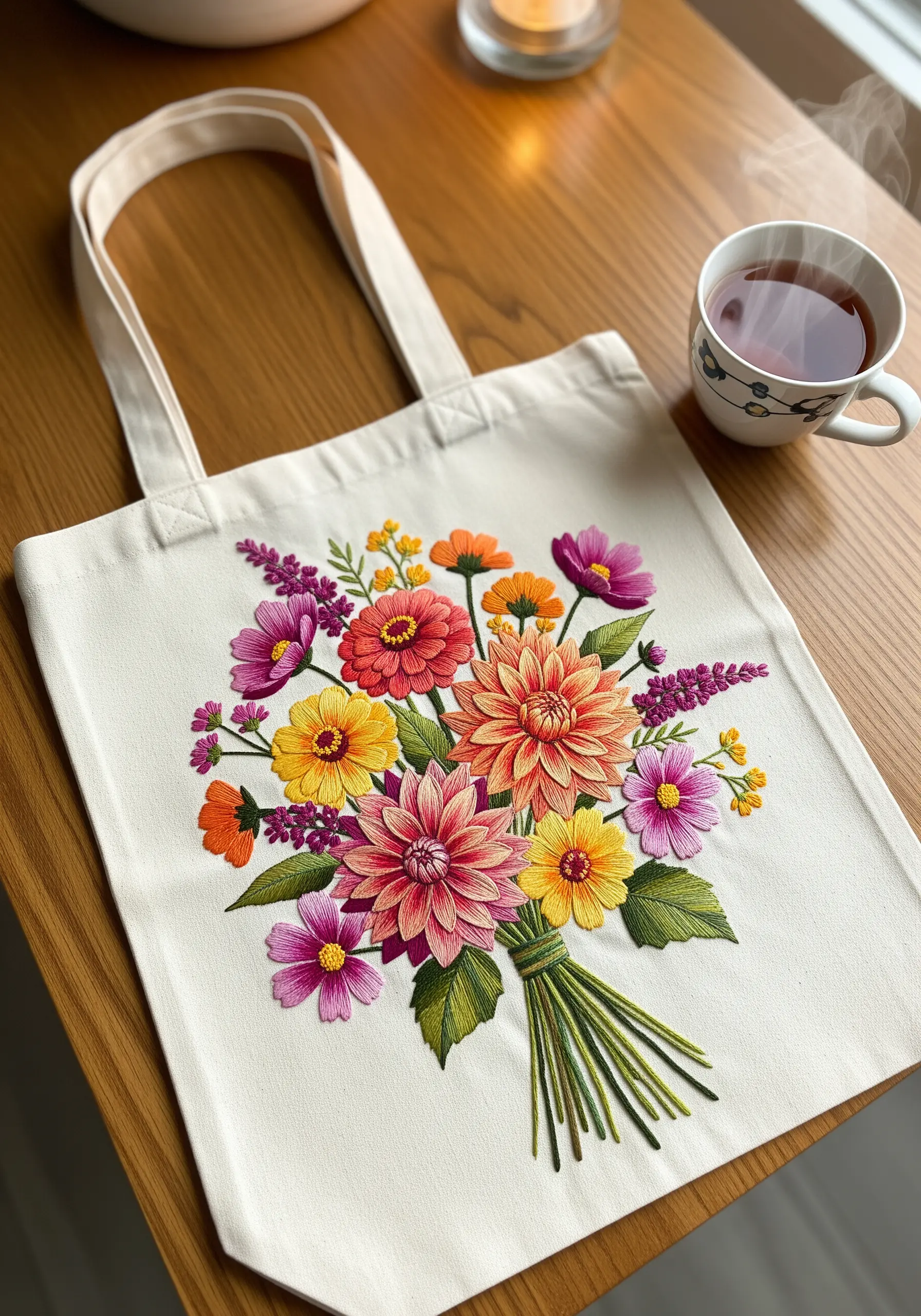 A colorful embroidered bouquet of dahlias and zinnias on a canvas tote bag.