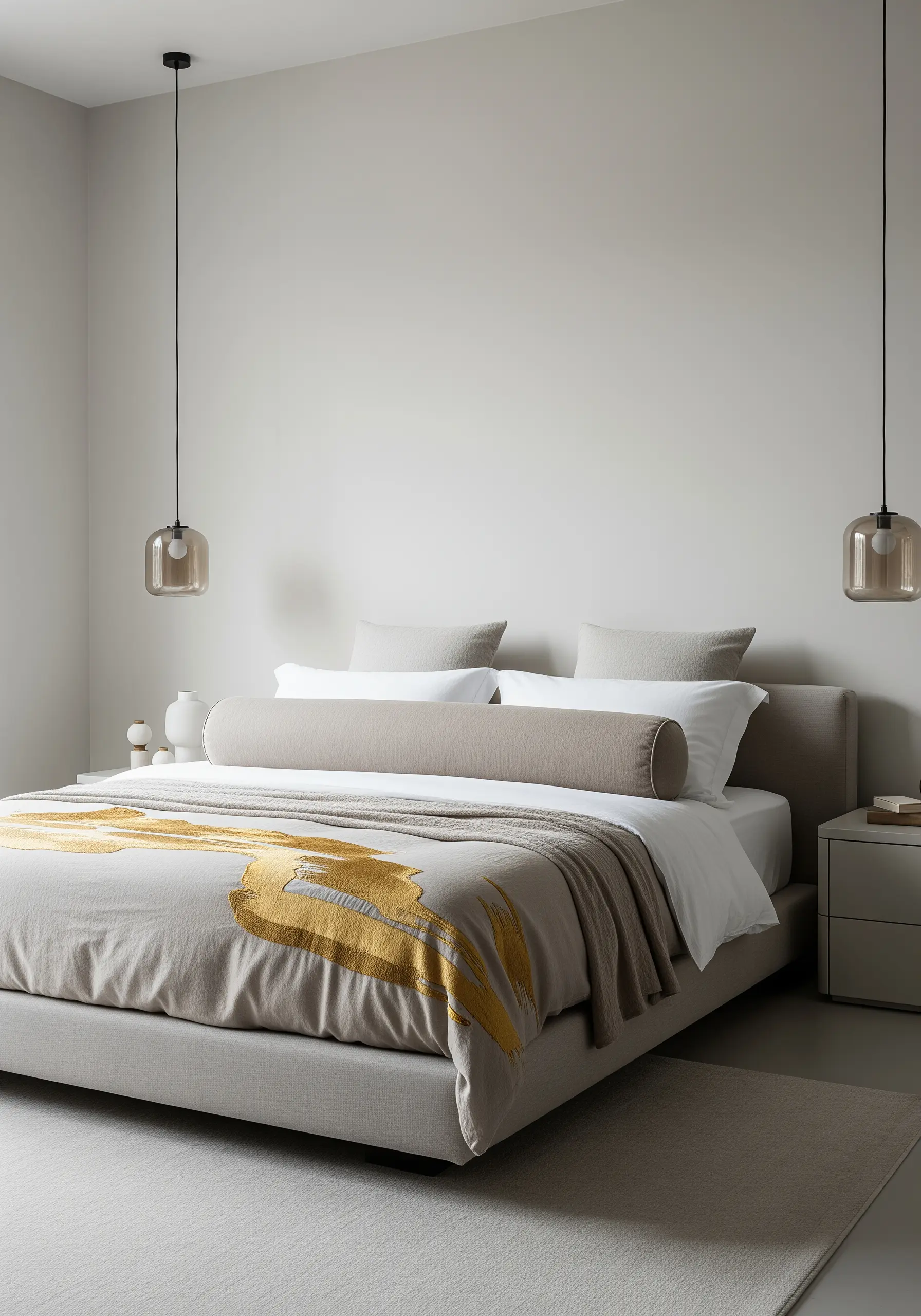 Abstract gold 'brushstroke' embroidery on a beige duvet cover.