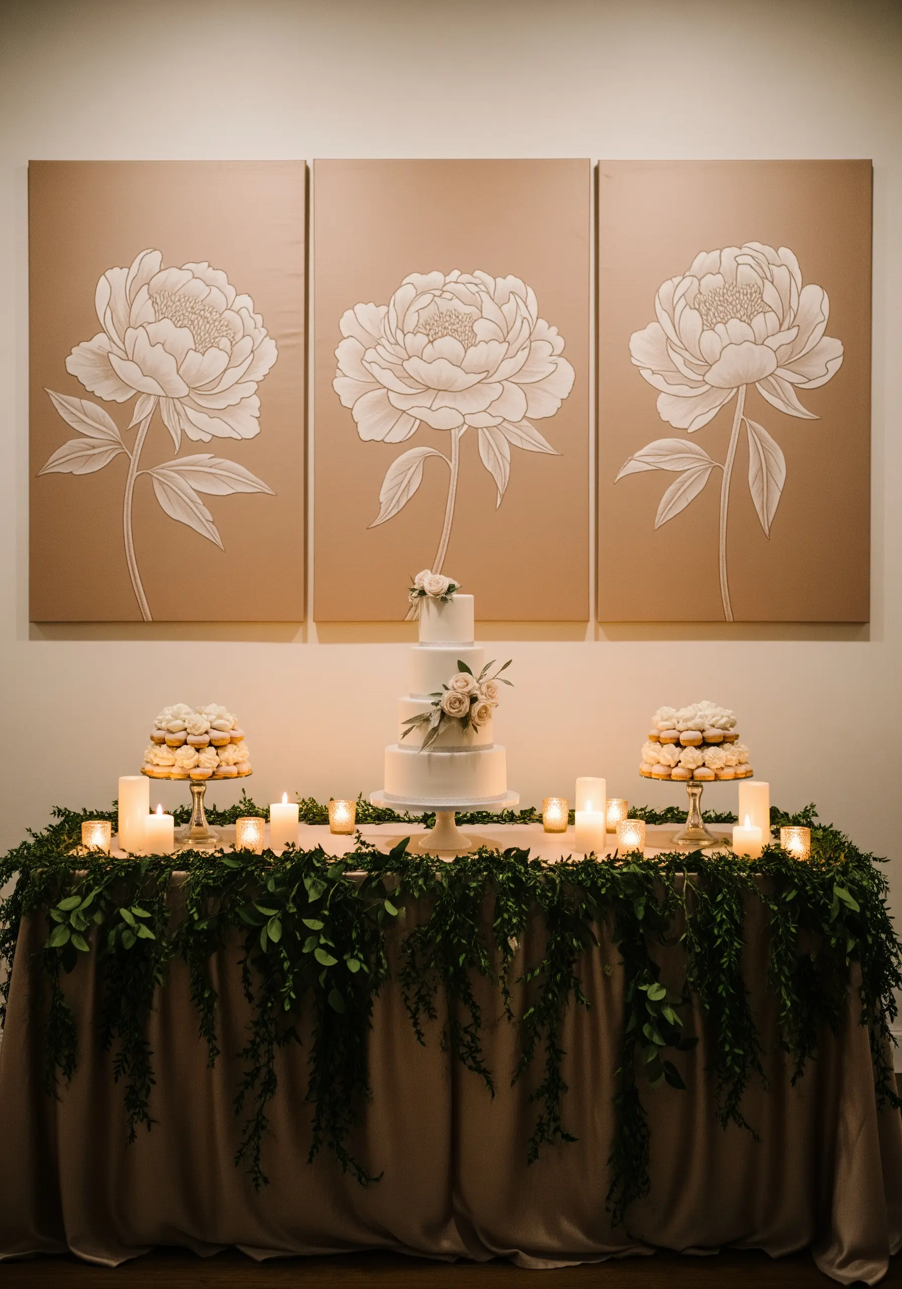 Three canvas panels forming a single peony outline, displayed above a wedding cake table.