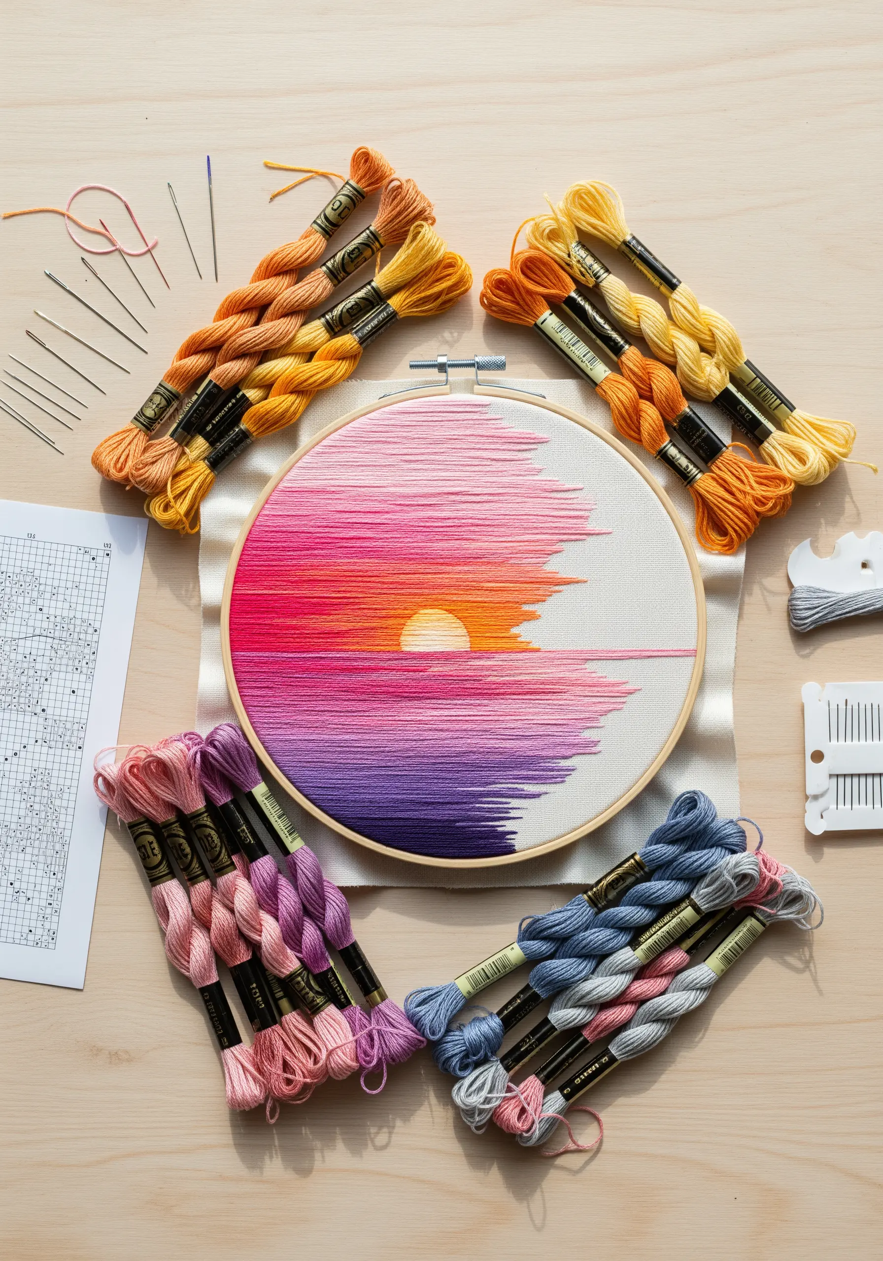 Embroidery hoop showing a pink and purple sunset gradient