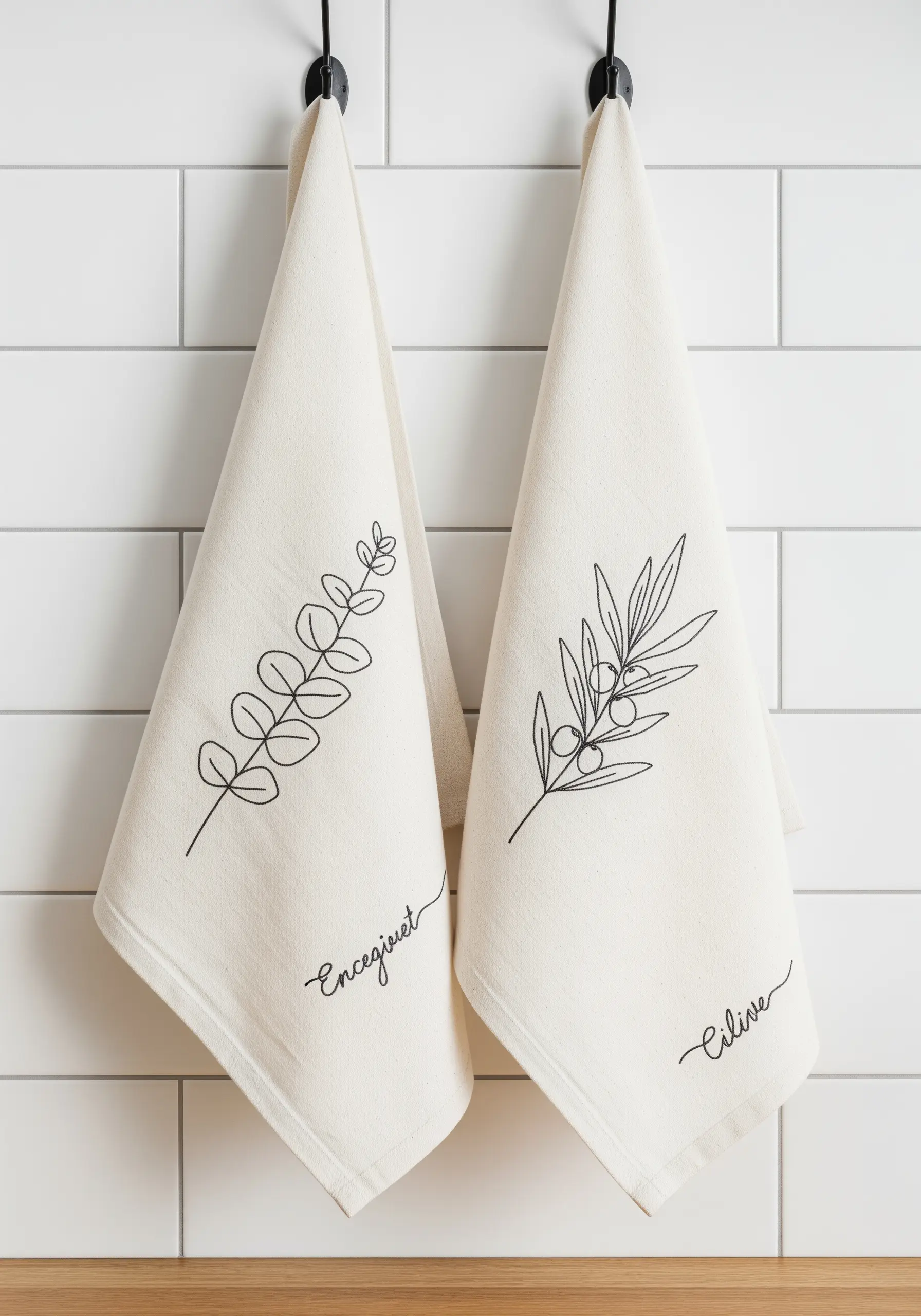 Two off-white kitchen towels with black line art of eucalyptus and olive branches.
