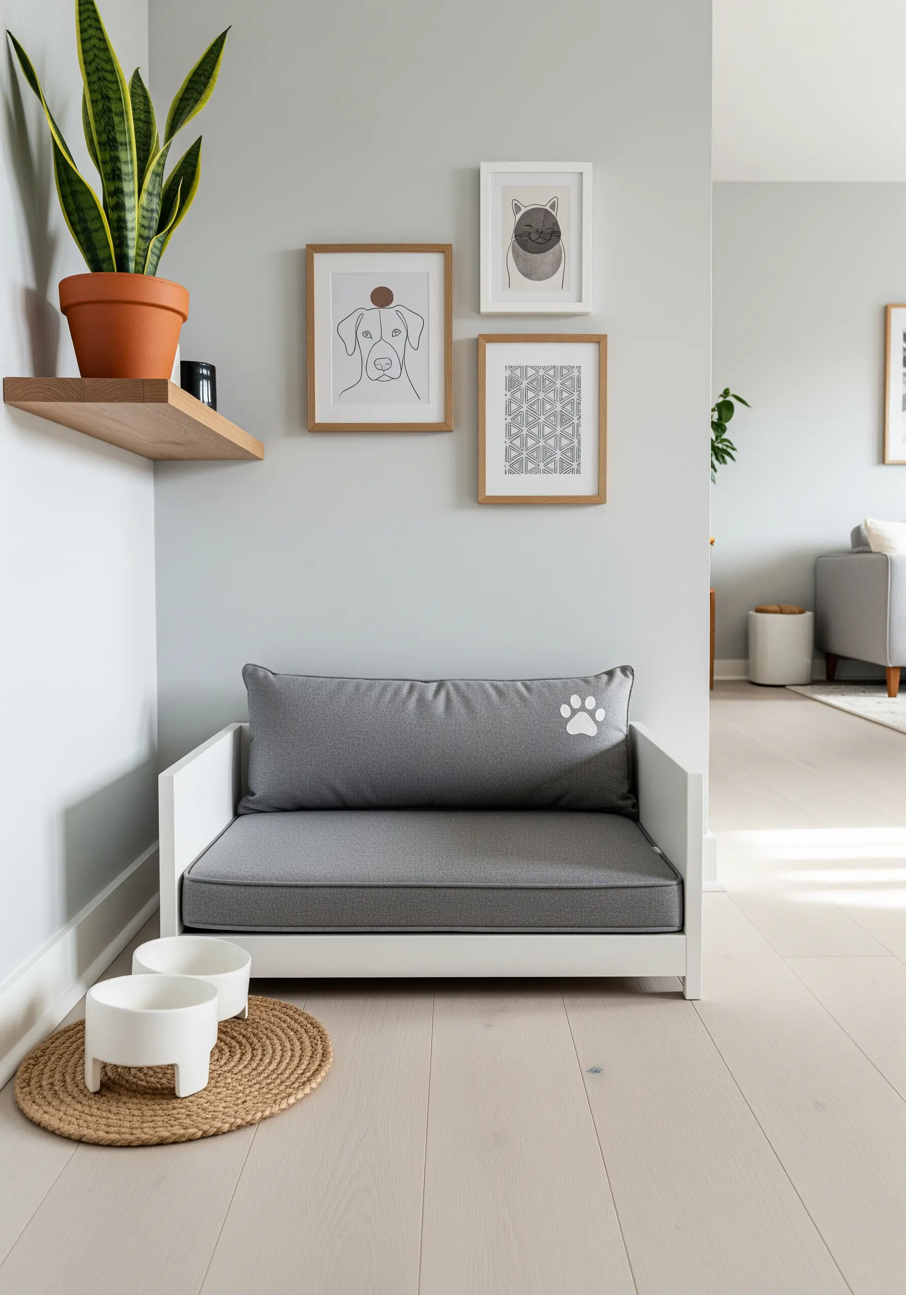A small, white embroidered paw print on the cushion of a modern dog bed.