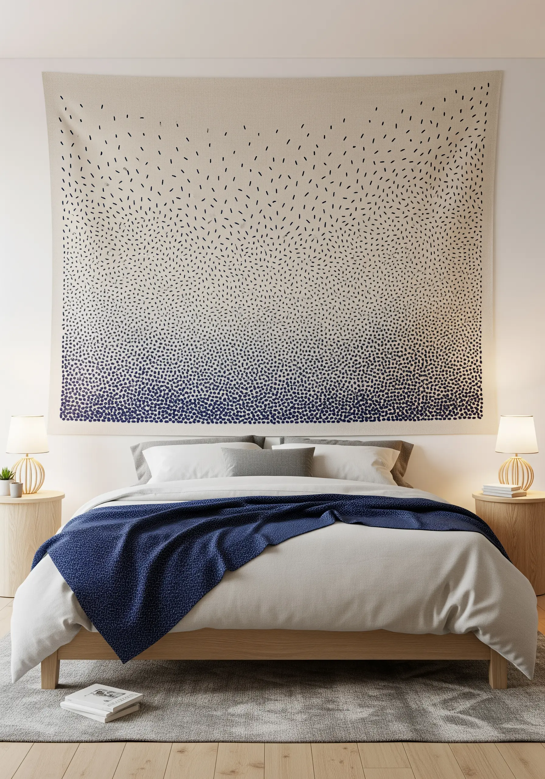 Large tapestry with blue French knots fading into negative space