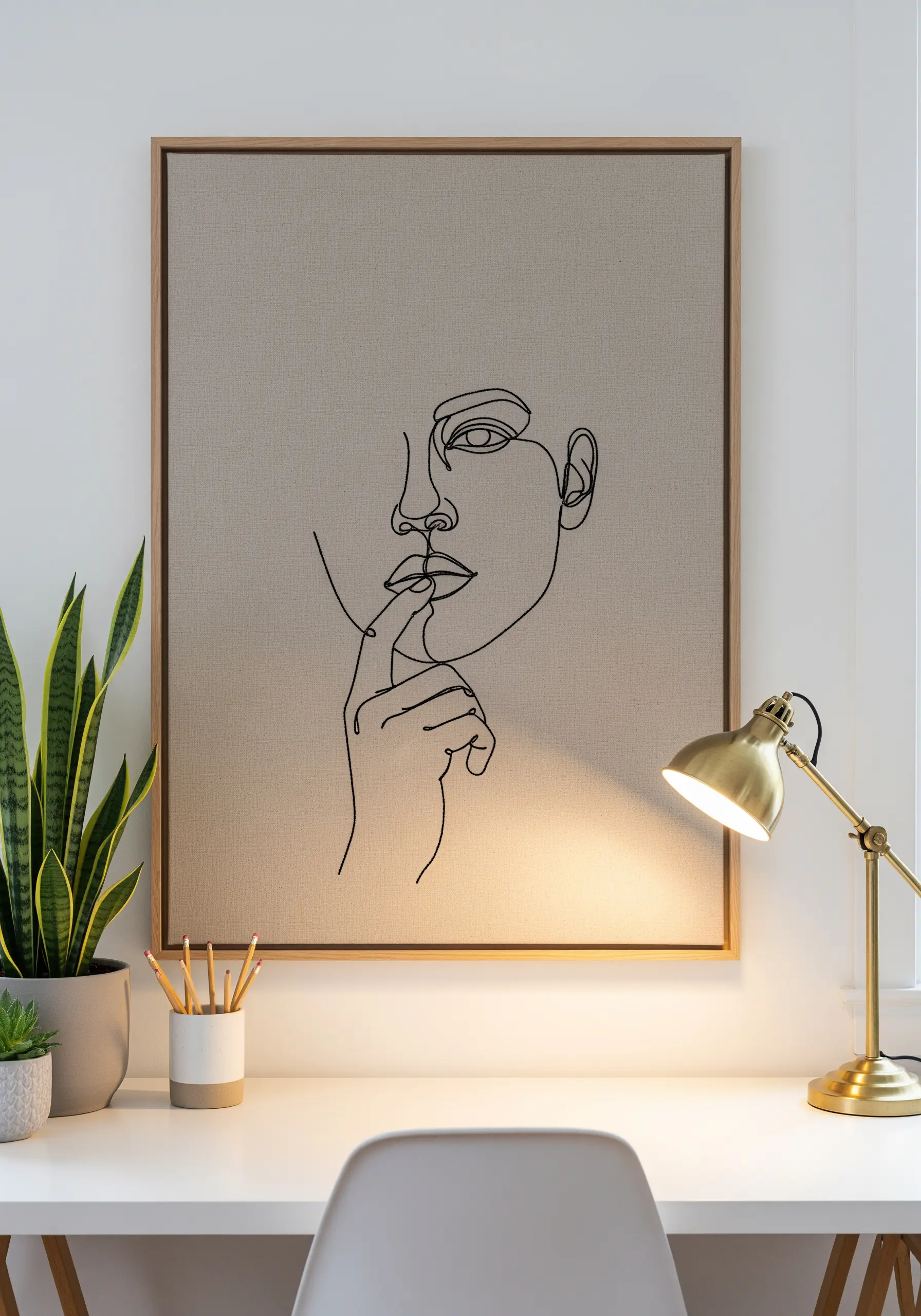 Minimalist single-line face portrait embroidered in black thread on neutral linen.