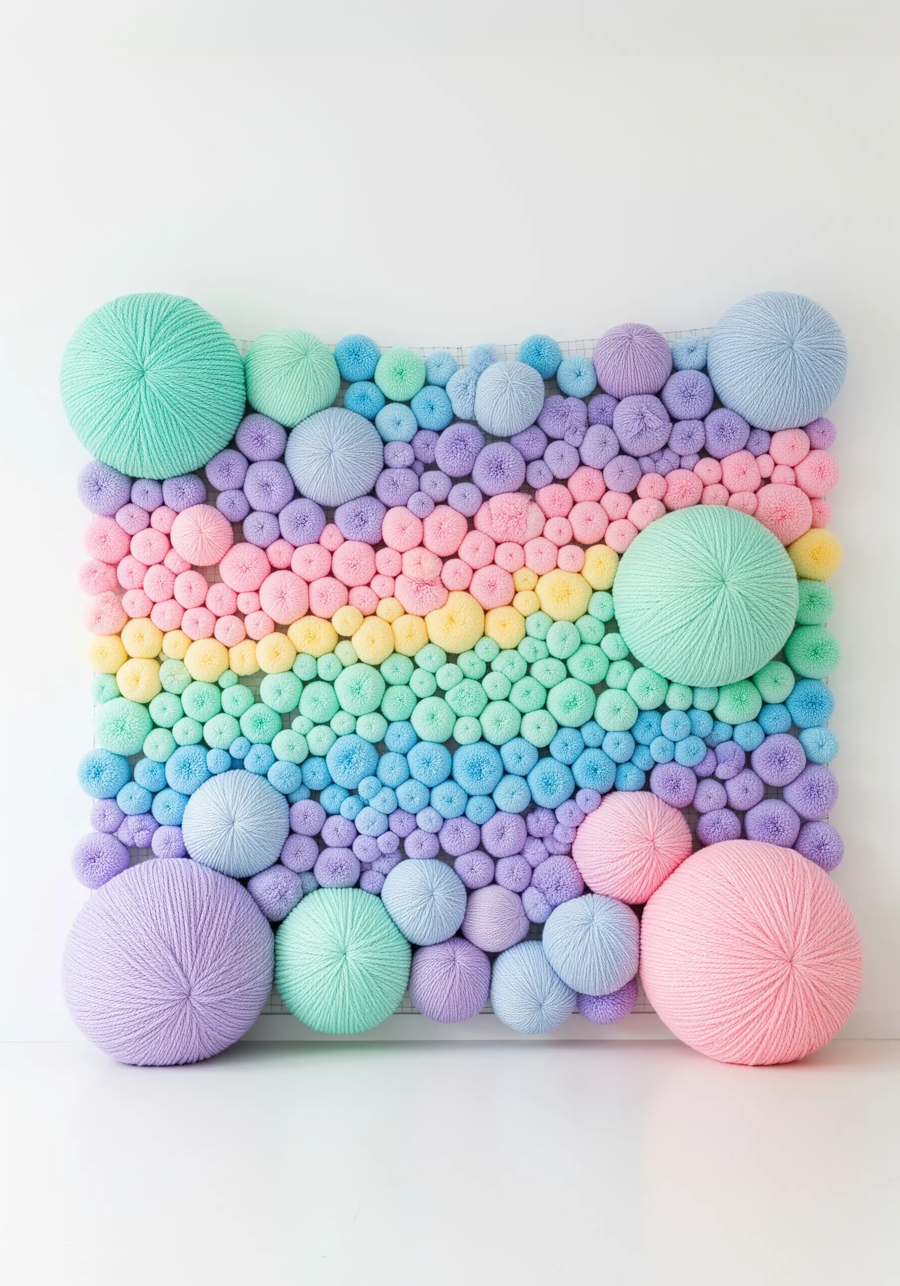 Grid of yarn pom-poms arranged in a pastel rainbow gradient