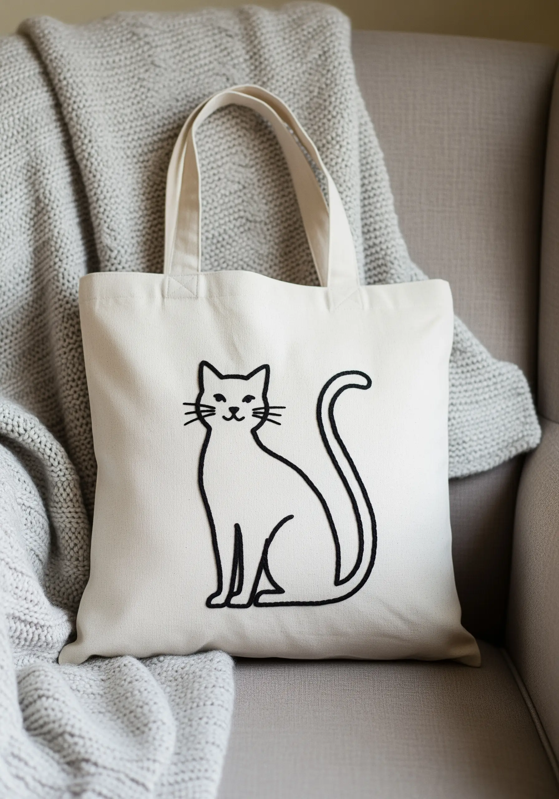 A simple black outline of a sitting cat embroidered on a cream tote bag.