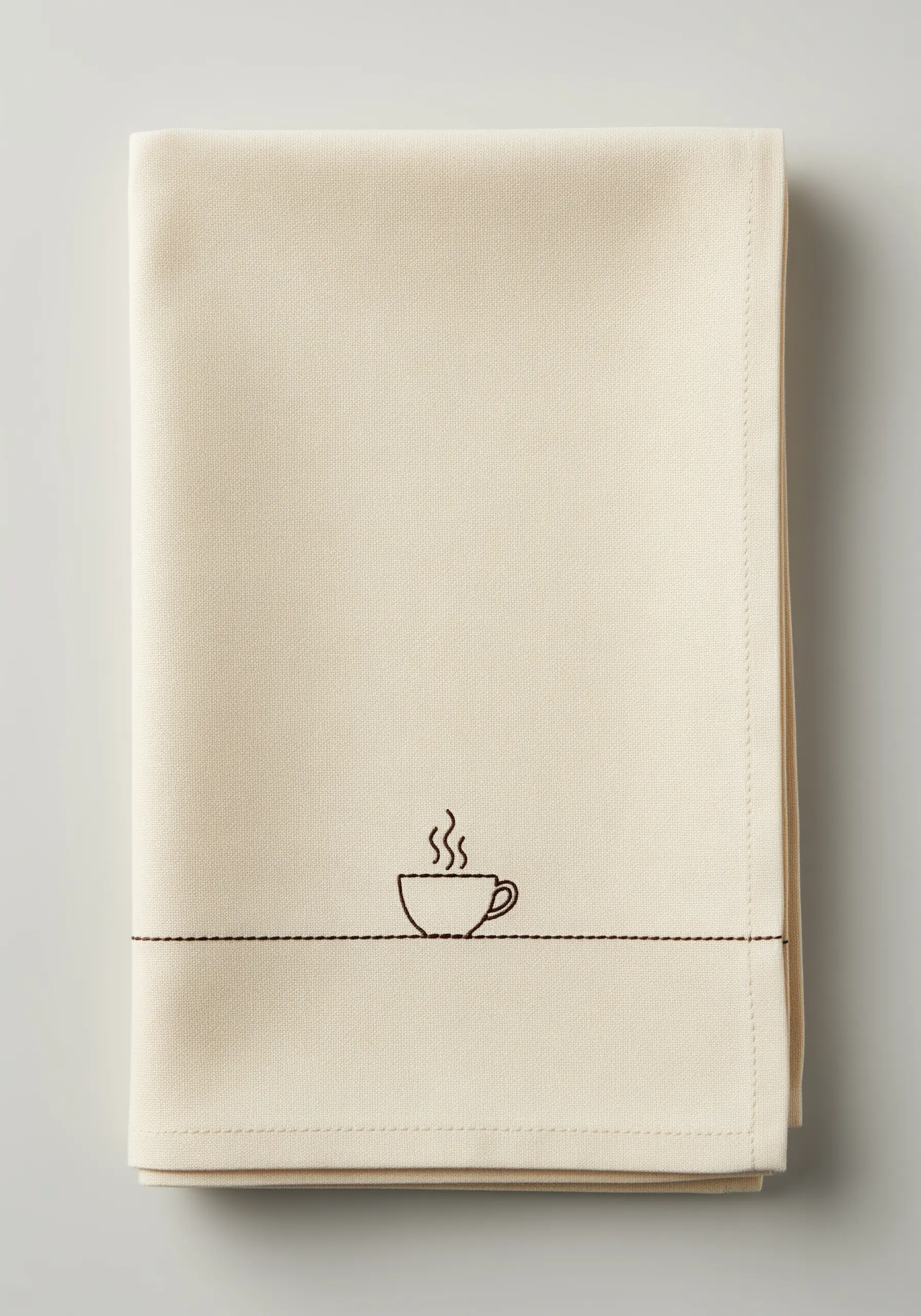 A tiny embroidered coffee cup sits atop a simple running stitch line on a cream napkin.