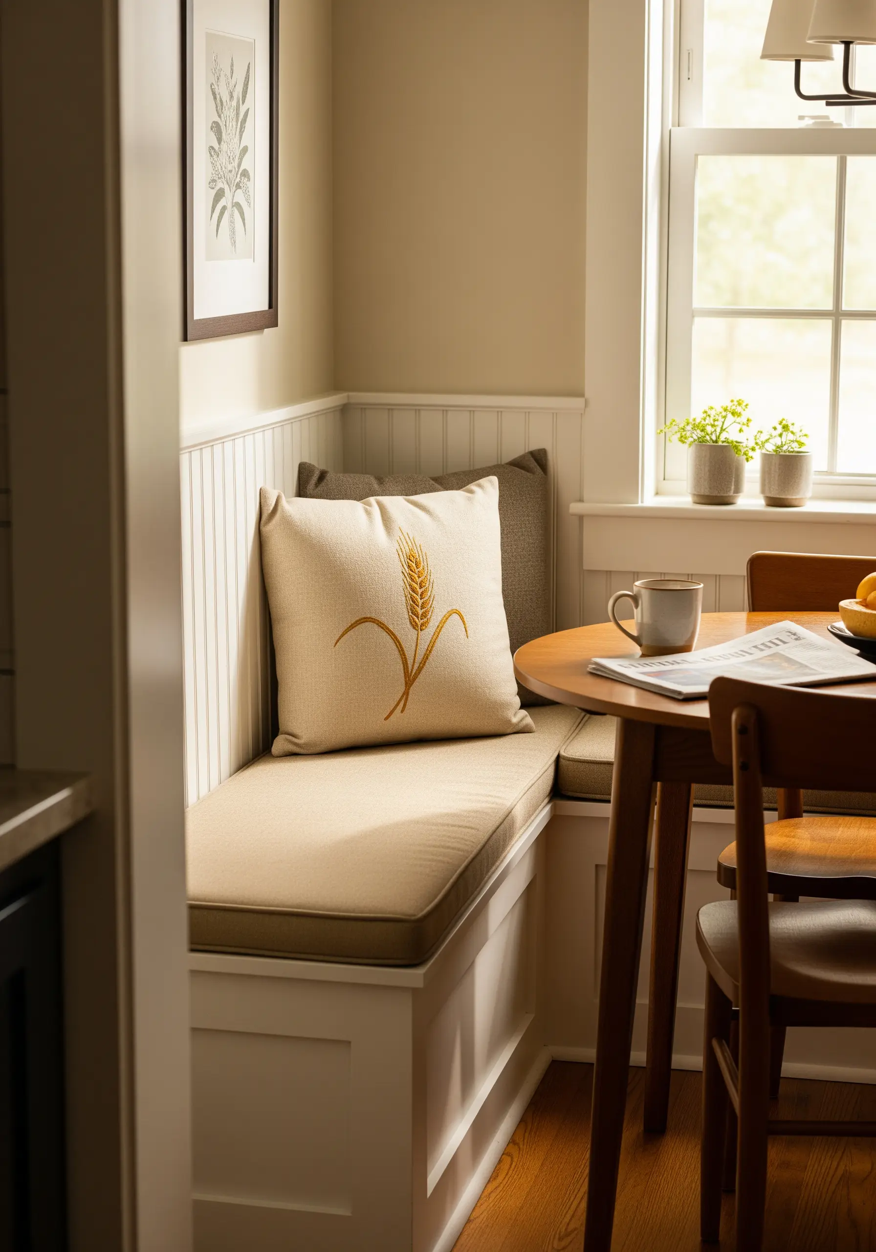 A single stalk of wheat embroidered in golden thread on a cream-colored cushion.