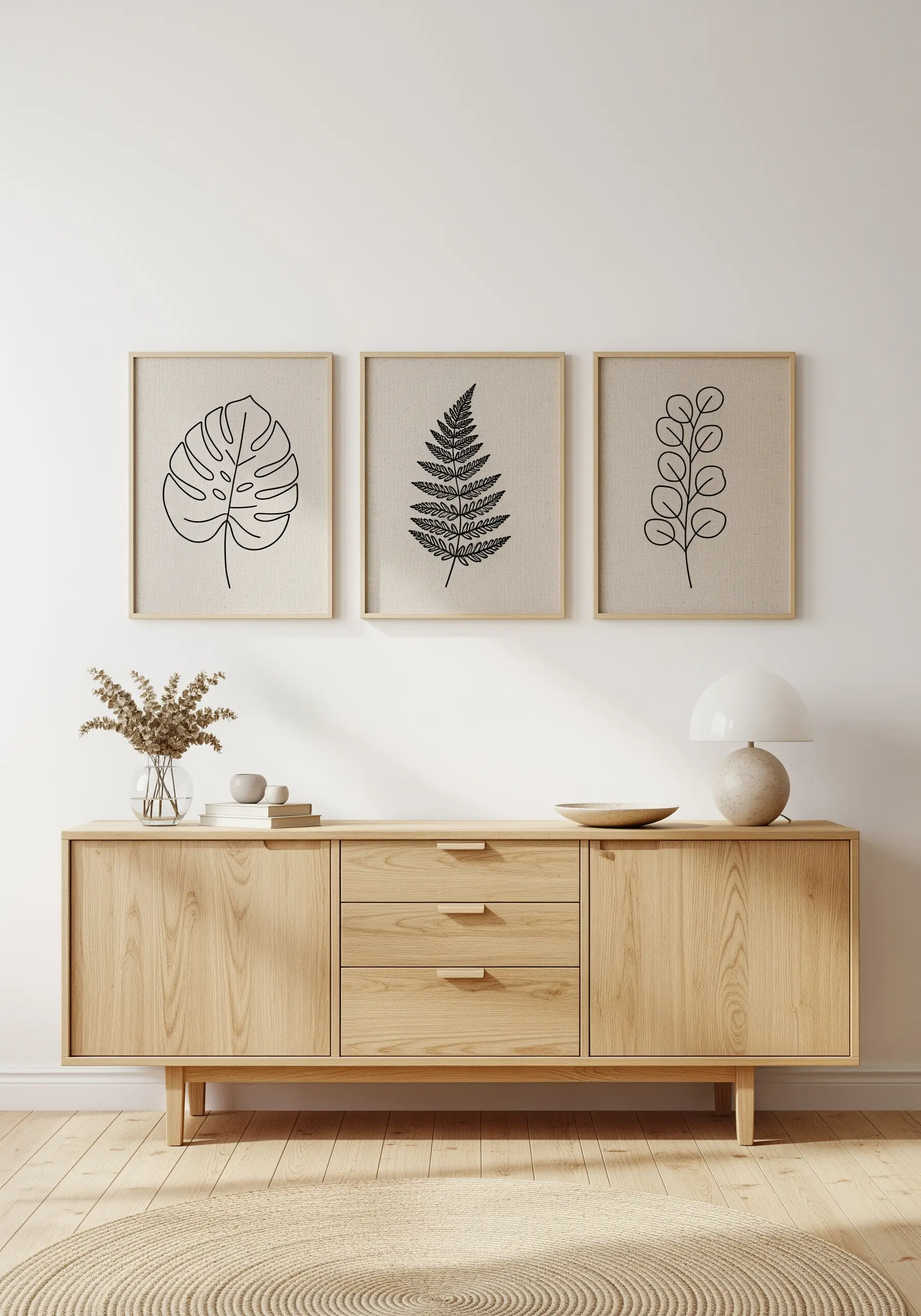 A triptych of framed minimalist line art embroidery showing different botanical leaves.
