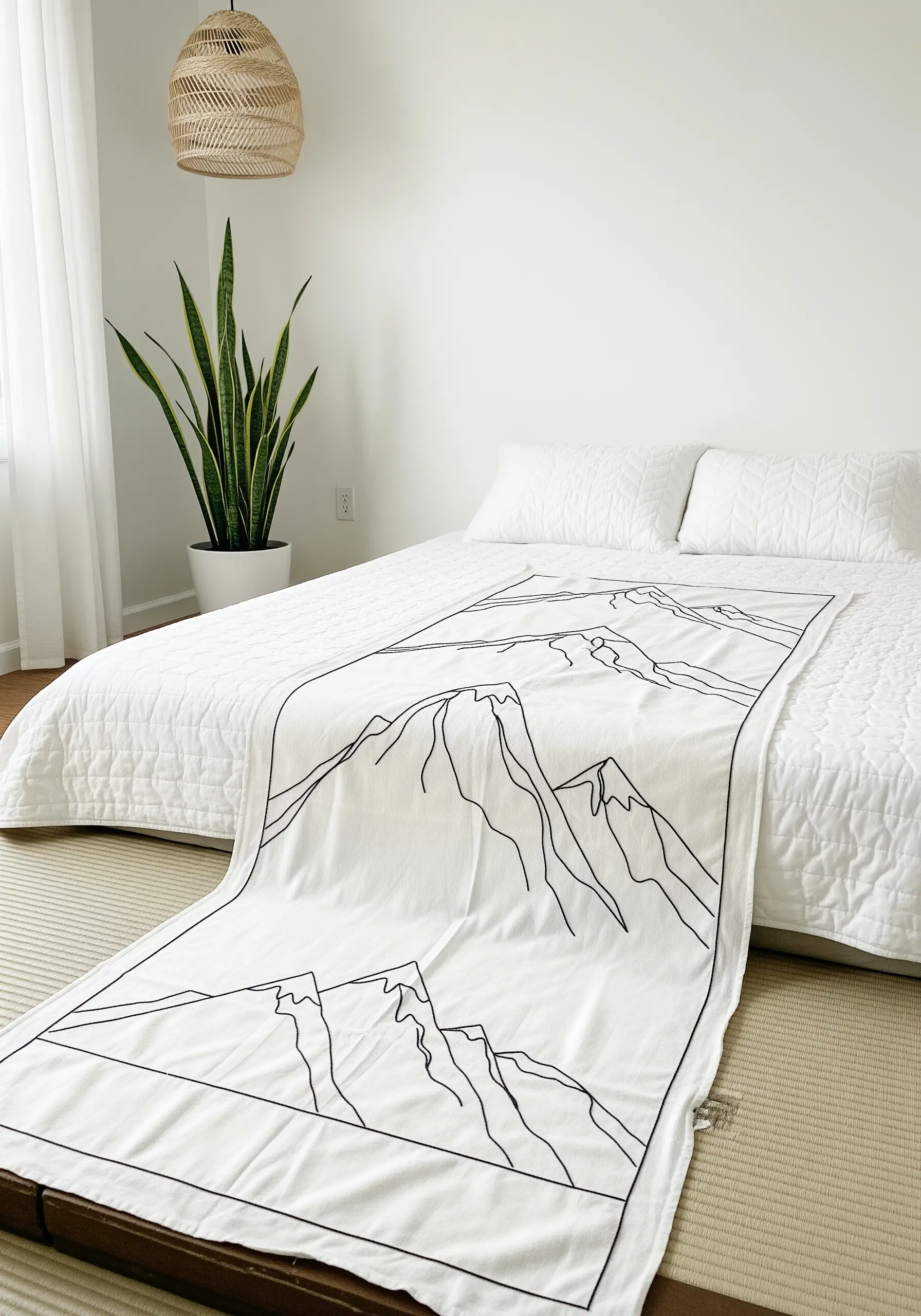 A minimalist line art mountain range embroidered in black thread on a long white bed runner.