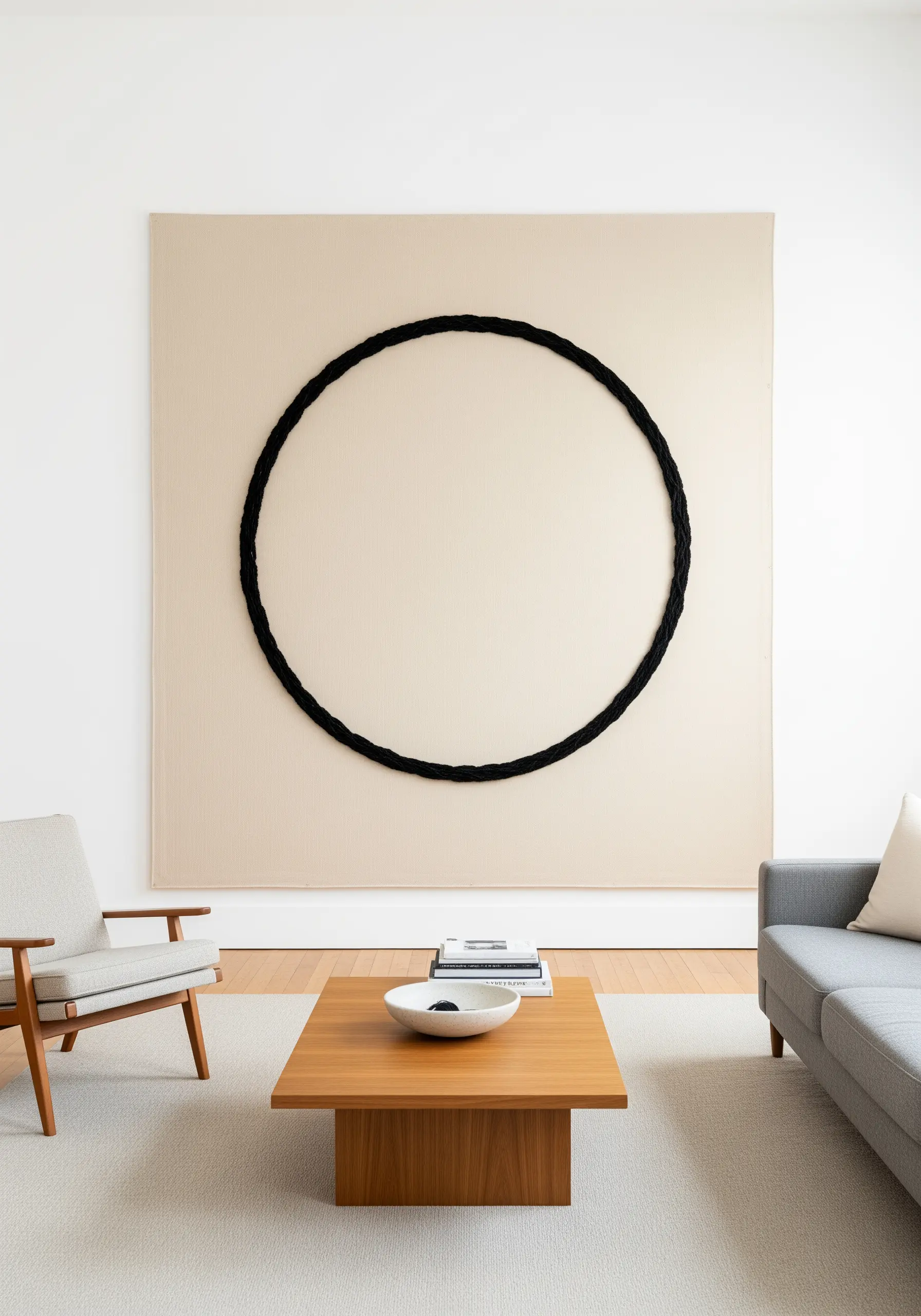 A very large canvas with a single, large circle made of thick black couched yarn.