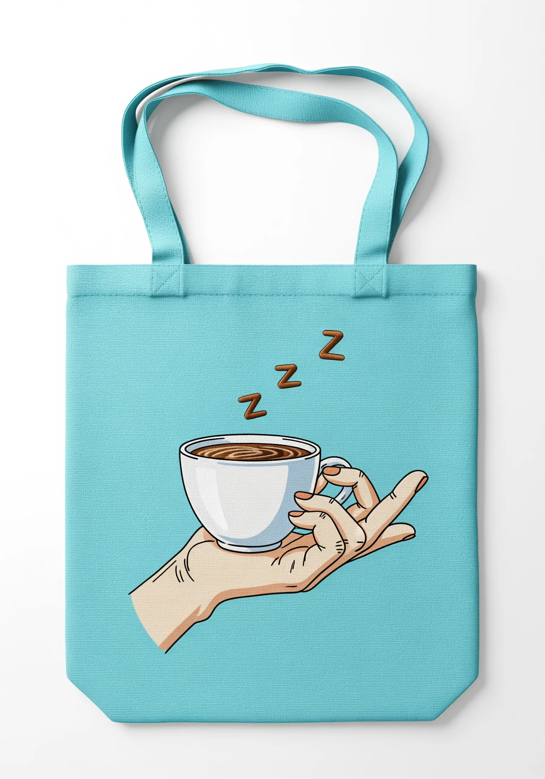 A cartoon-style embroidered hand holding a coffee cup with 'Zzz' floating above it.