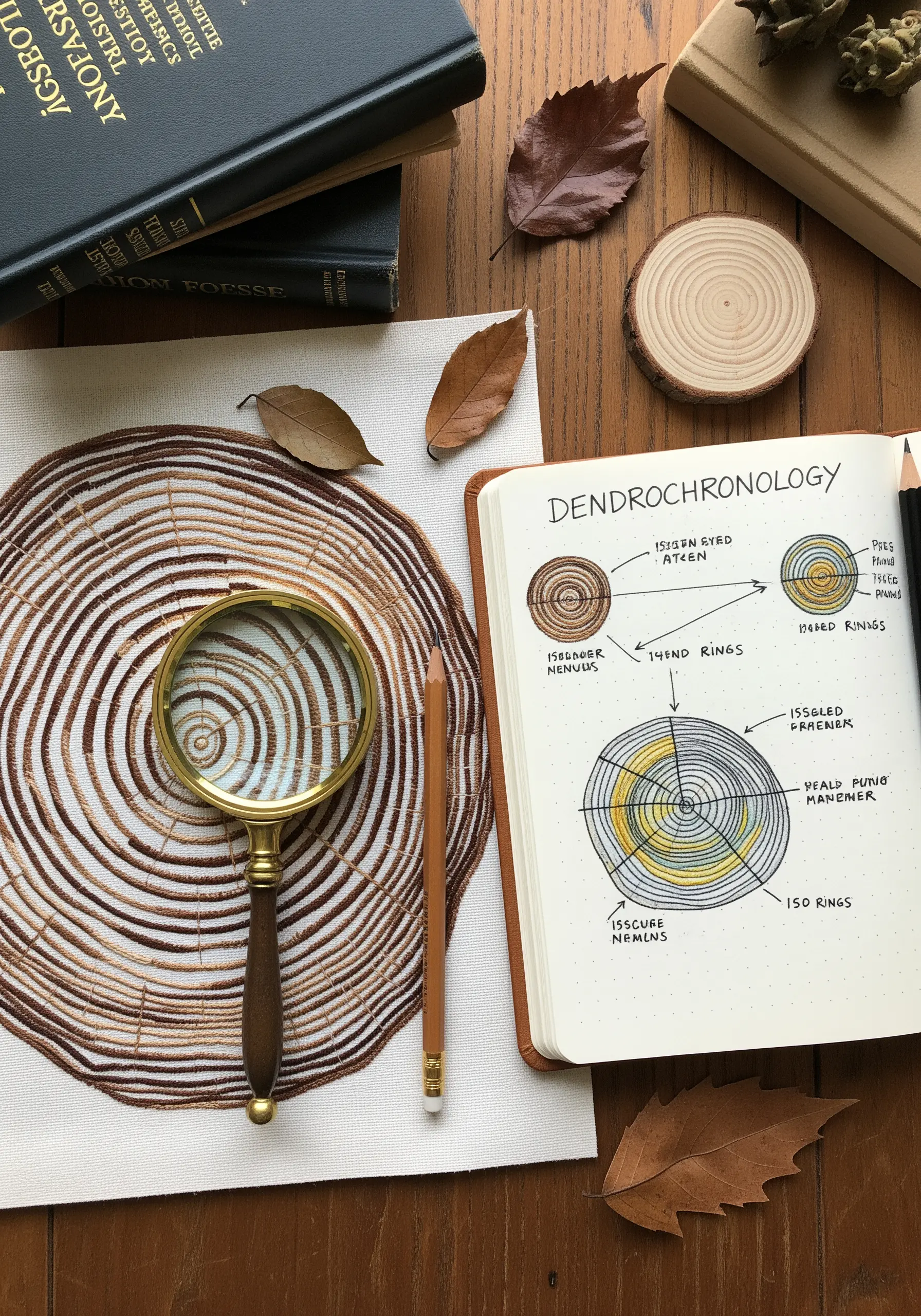 Embroidery of tree rings done in a precise, scientific illustration style with fine brown thread.